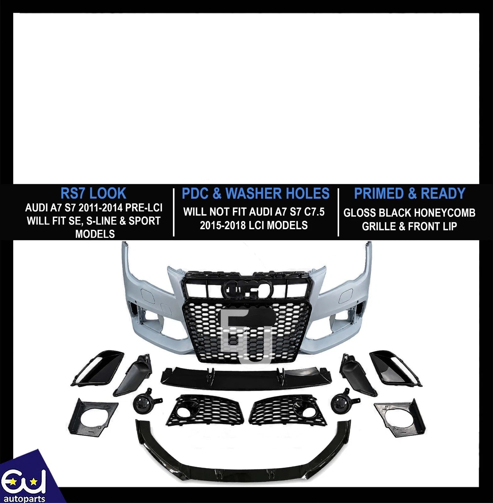 RS7 LOOK FRONT BUMPER CONVERSION KIT FOR AUDI A7 S7 C7 2011-14 GRILLE W/SPLITTER