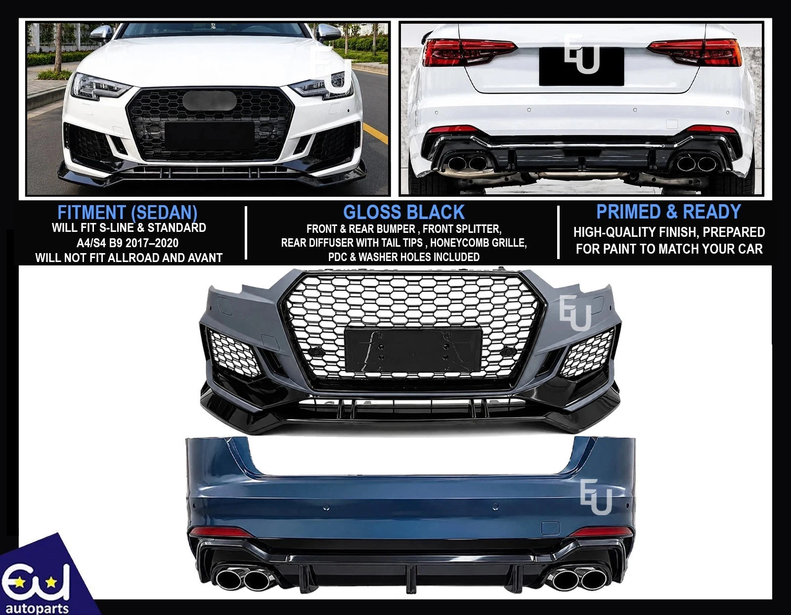 RS4 CONVERSION REAR & FRONT BUMPER BODYKIT SPLITTER FOR AUDI A4 B9 2017-20 SEDAN