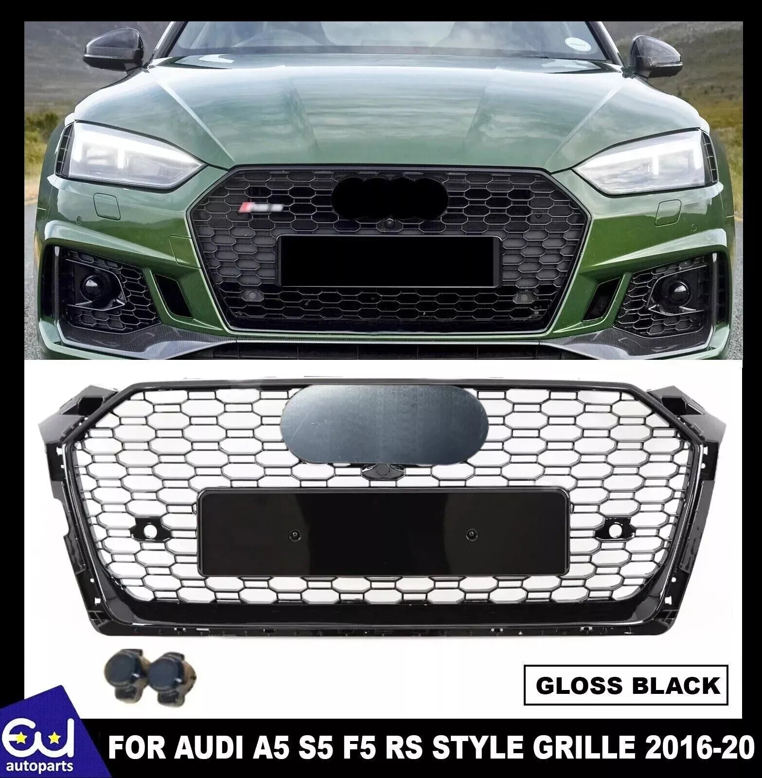 GLOSS BLACK HONEYCOMB RADIATOR BUMPER GRILLE  FOR AUDI A5 S5 F5 RS STYLE 2016-20