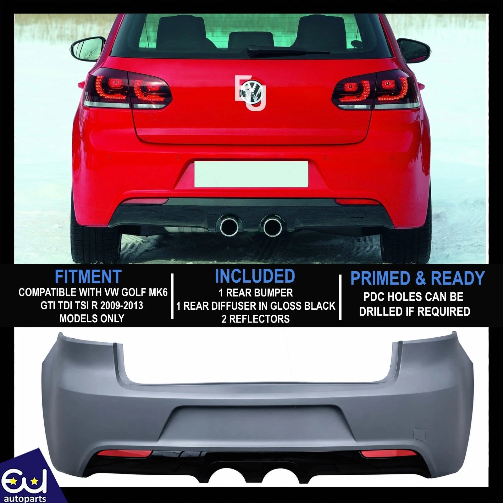 FOR VW GOLF MK6 REAR BUMPER WITH DIFFUSER R20 LOOK BODY KIT GTI TSI TDI 09-13