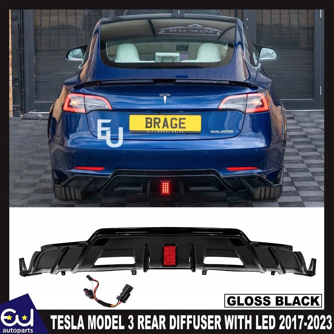 BRAGE DESIGN REAR BUMPER DIFFUSER WITH LED FOR TESLA MODEL 3 GLOSS BLK 2017-2023