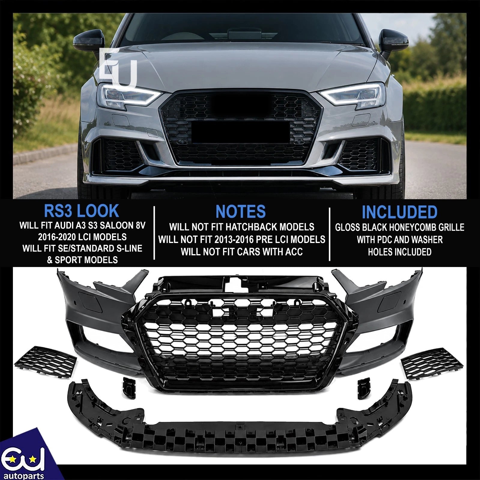 RS3 STYLE FRONT BUMPER CONVERSION KIT FOR AUDI A3 S3 8V 2016–2020 FACELIFT SEDAN