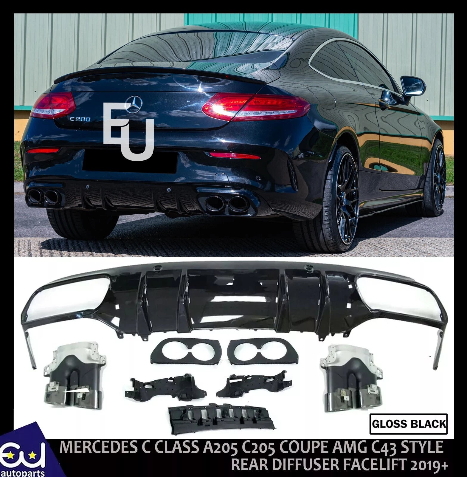 FOR MERCEDES C CLASS A205 C205 COUPE AMG C43 STYLE REAR DIFFUSER FACELIFT 2019+