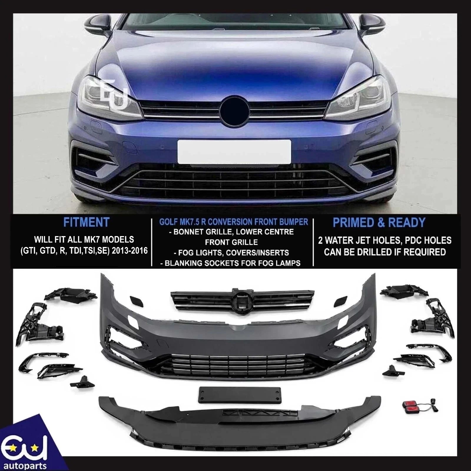 FOR GOLF MK7 2013-2016 R CONVERSION 7.5 STYLE BUMPER BODYKIT FITS GTD TDI TSI SE
