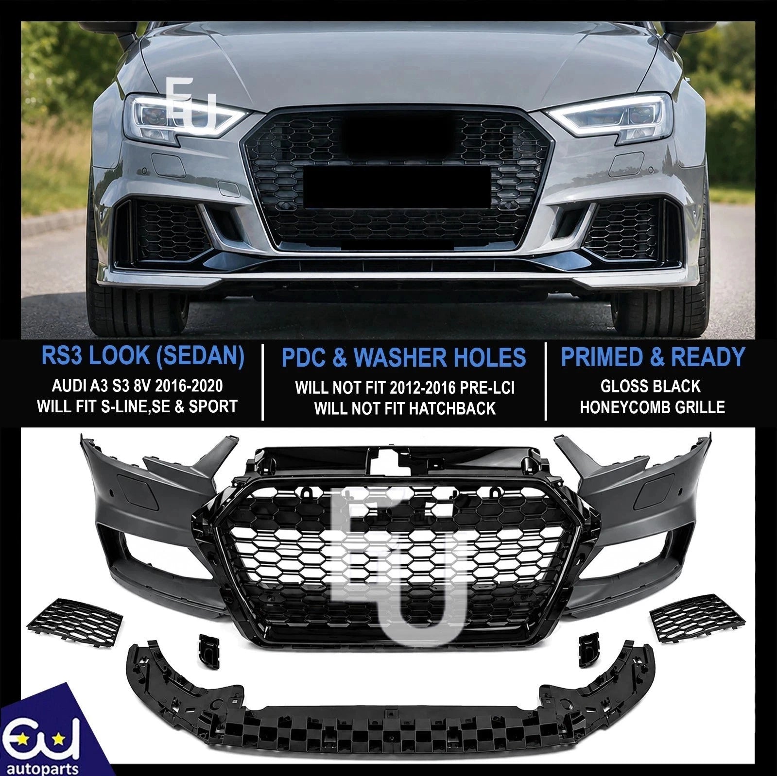 RS3 STYLE FRONT BUMPER CONVERSION KIT FOR AUDI A3 S3 8V 2016–2020 FACELIFT SEDAN