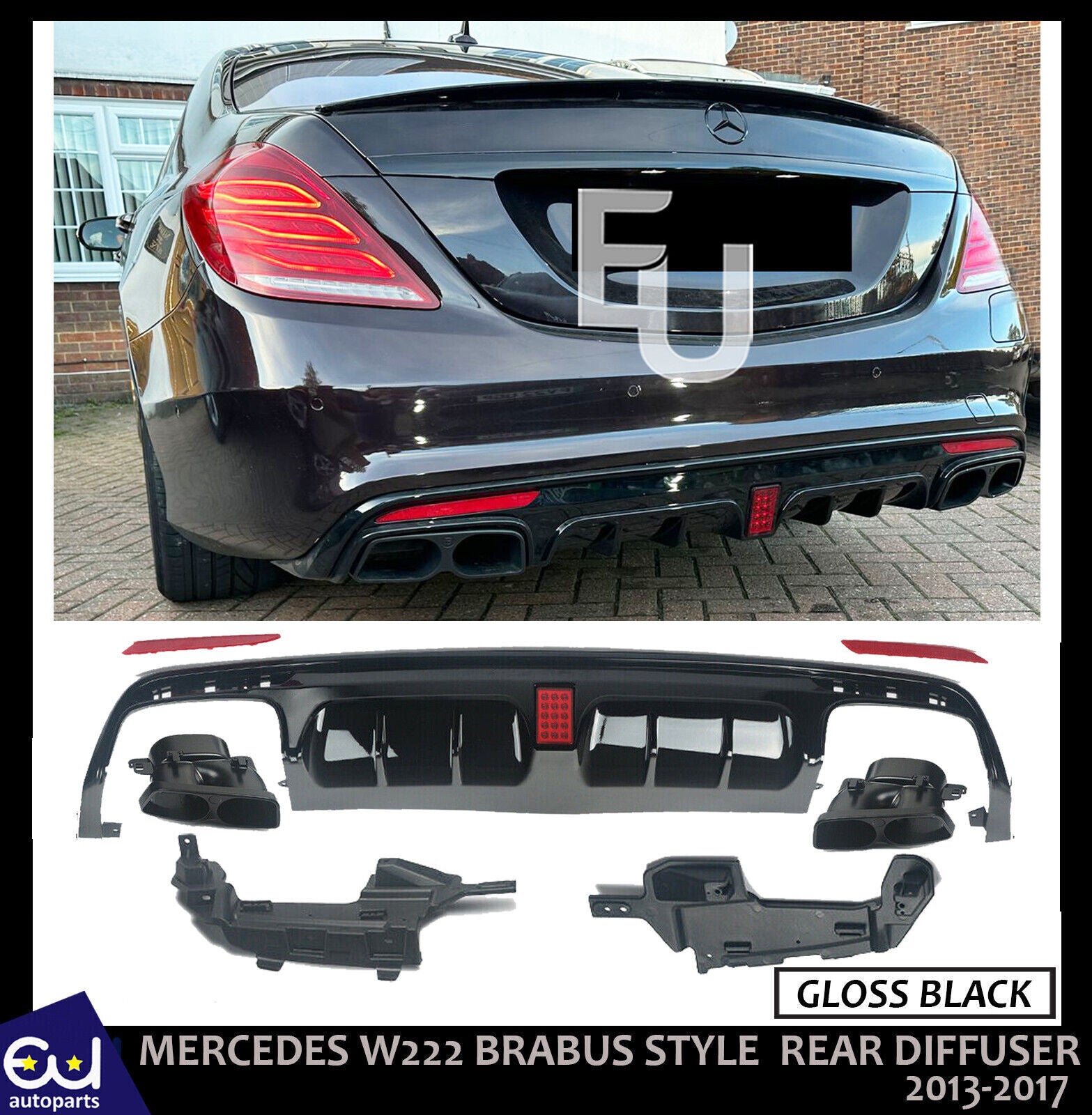 FOR MERCEDES S CLASS S63 W222 B STYLE AMG REAR DIFFUSER TAILPIPE GLOSS BLK 13-17