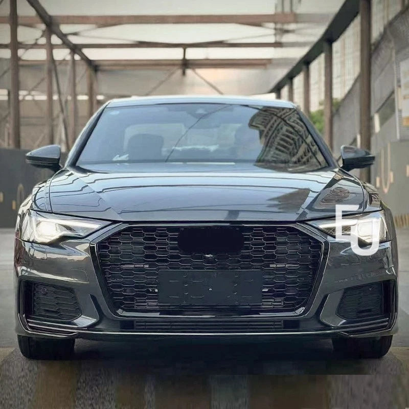 RS6 LOOK FRONT HONEYCOMB GRILLE GRILL FOR AUDI A6 AVANT S6 C8 GLOSS BLACK 18-25