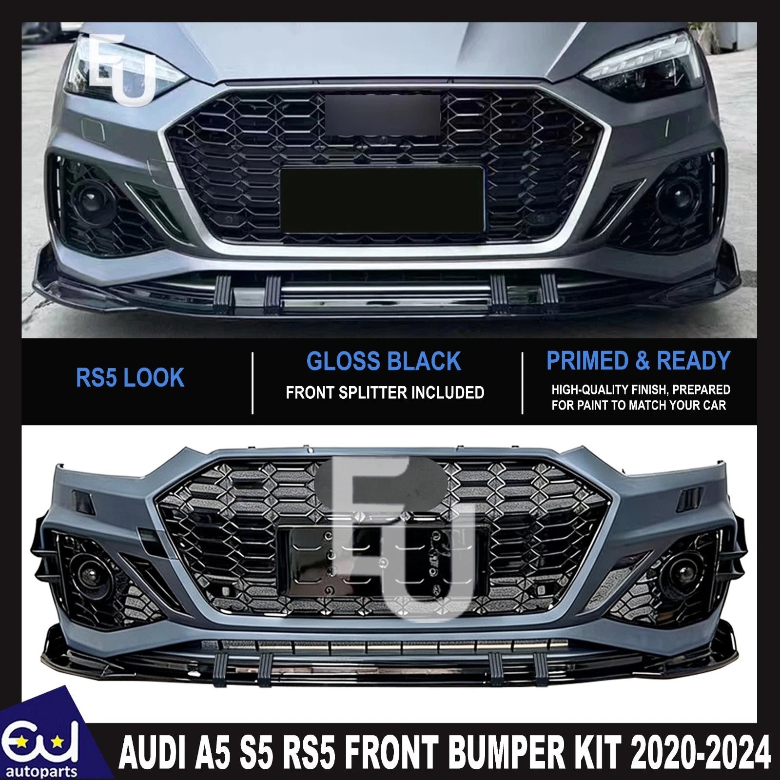 RS5 LOOK FRONT BUMPER SPLITTER WITH GRILLE BODYKIT FOR AUDI A5 S5 B9.5 2020-24