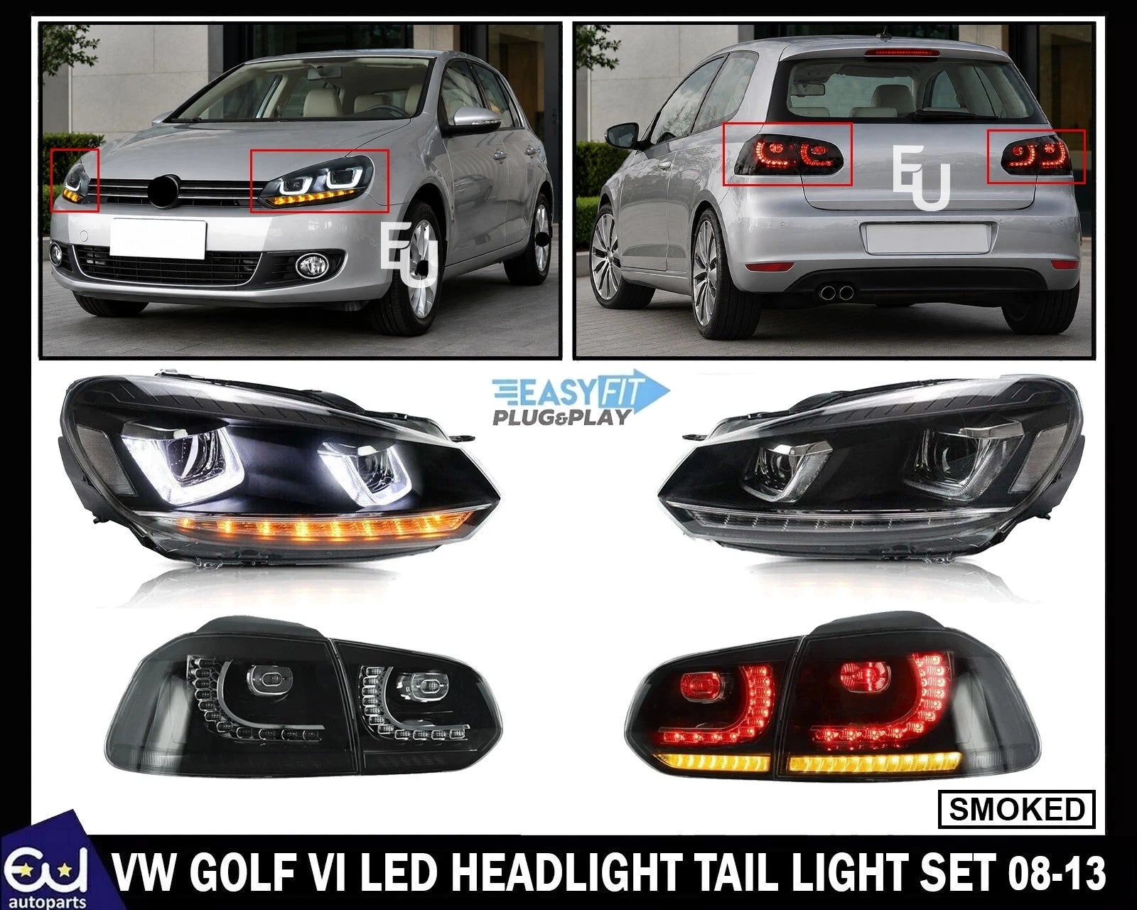 FOR VW GOLF MK6 LED HEADLIGHT SMOKED REAR TAIL LIGHTS LAMP SET 08-13 SEQUENTIAL