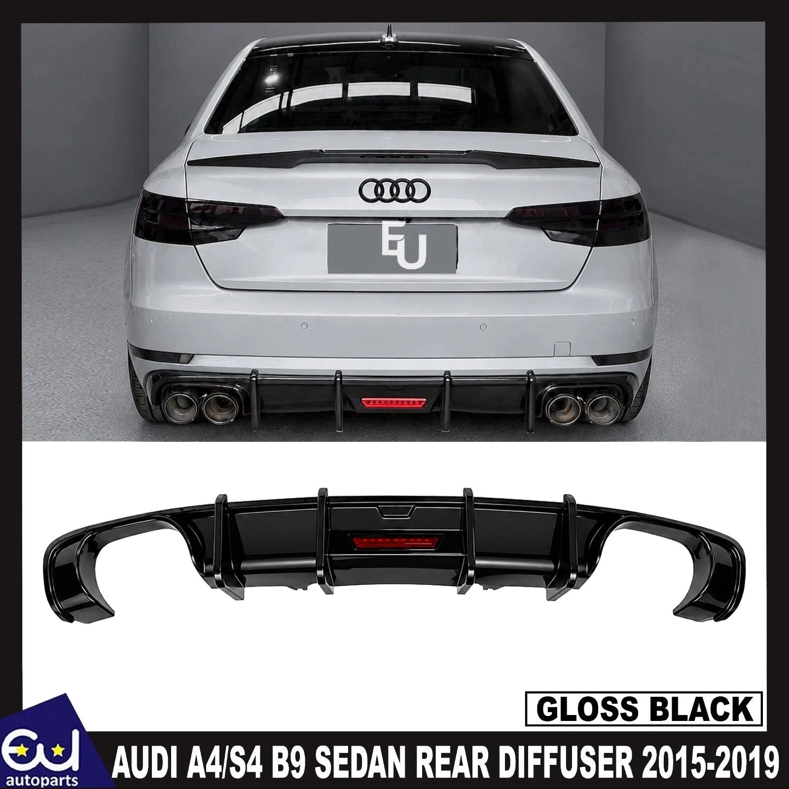 FOR AUDI A4 SALOON B9 S-LINE S4 GLOSS BLACK REAR DIFFUSER W/LED BODY KIT 2015-19