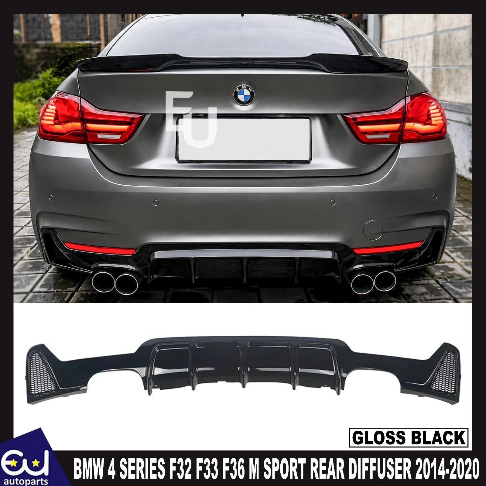 FOR BMW 4 SERIES F32 F33 F36 M SPORT REAR BUMPER DIFFUSER QUAD EXHAUST GLOSS BLK