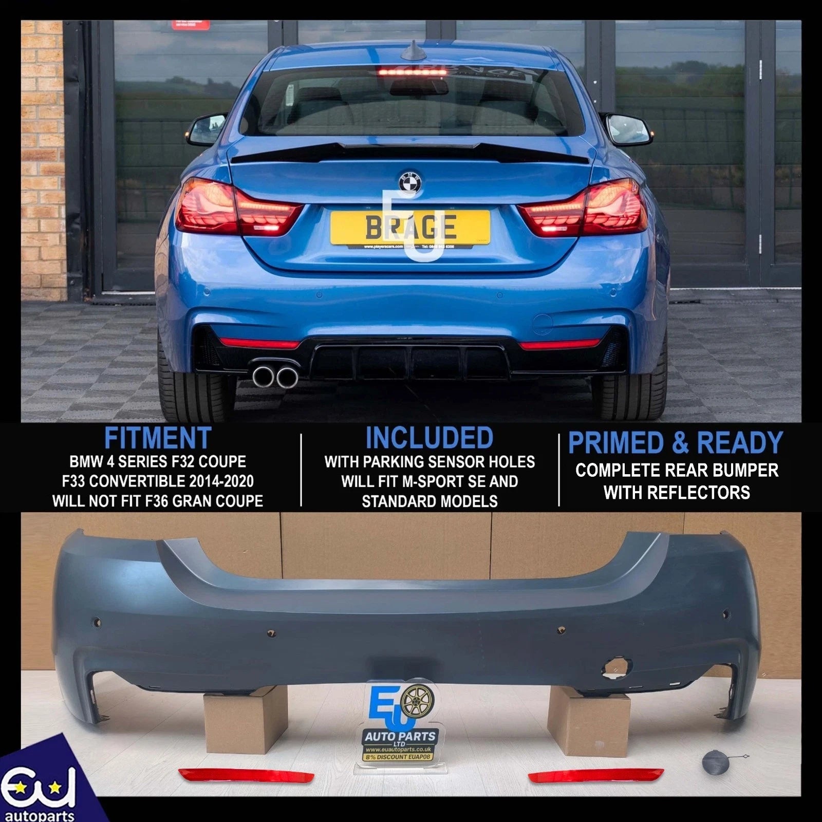 FOR BMW 4 SERIES F32 COUPE F33 CONVERTIBLE 2014-20 M-SPORT REAR BUMPER WITH PDC