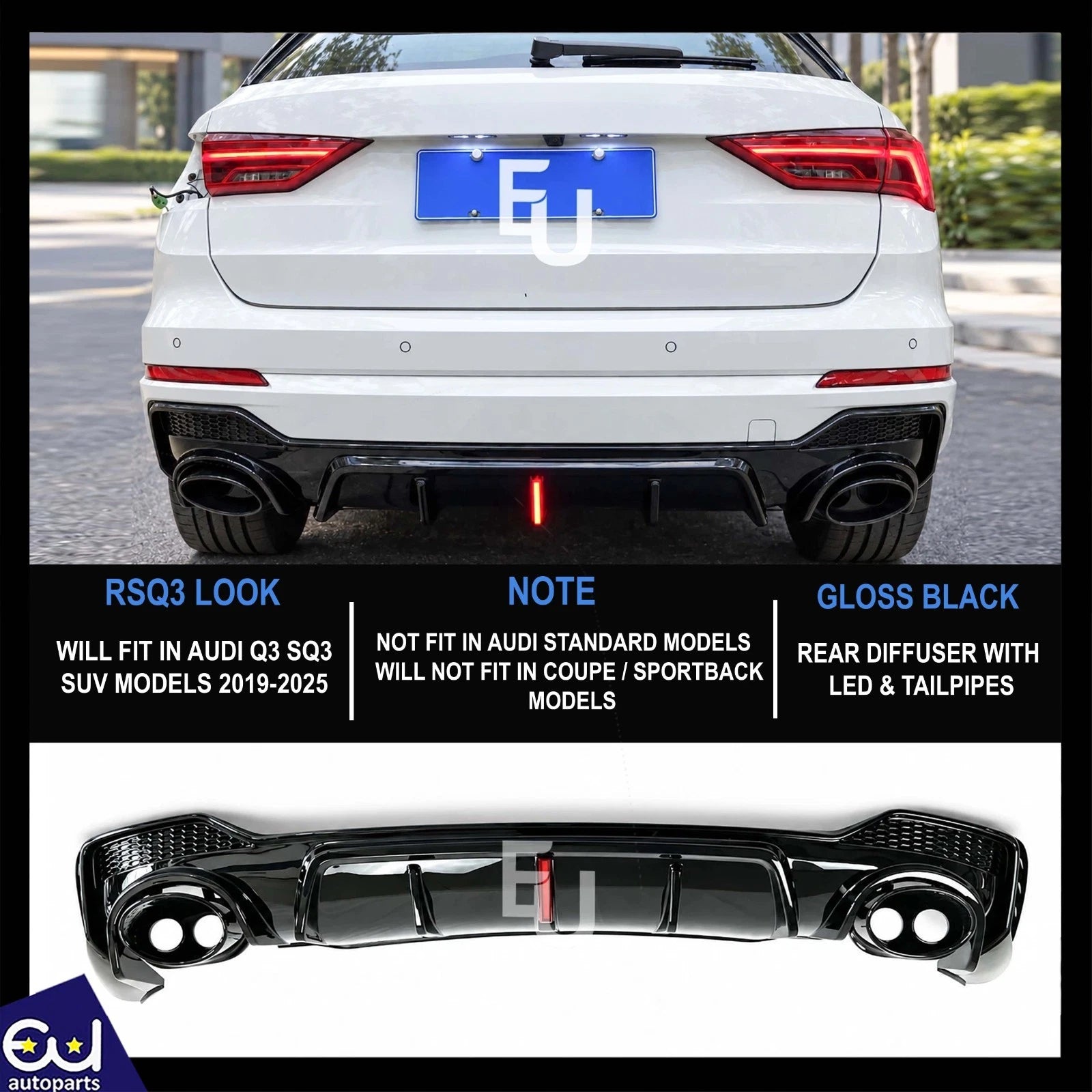 FOR AUDI Q3 F3 SQ3 SUV S-LINE RSQ3 LOOK REAR DIFFUSER W/LED TAILPIPES 2019-2025