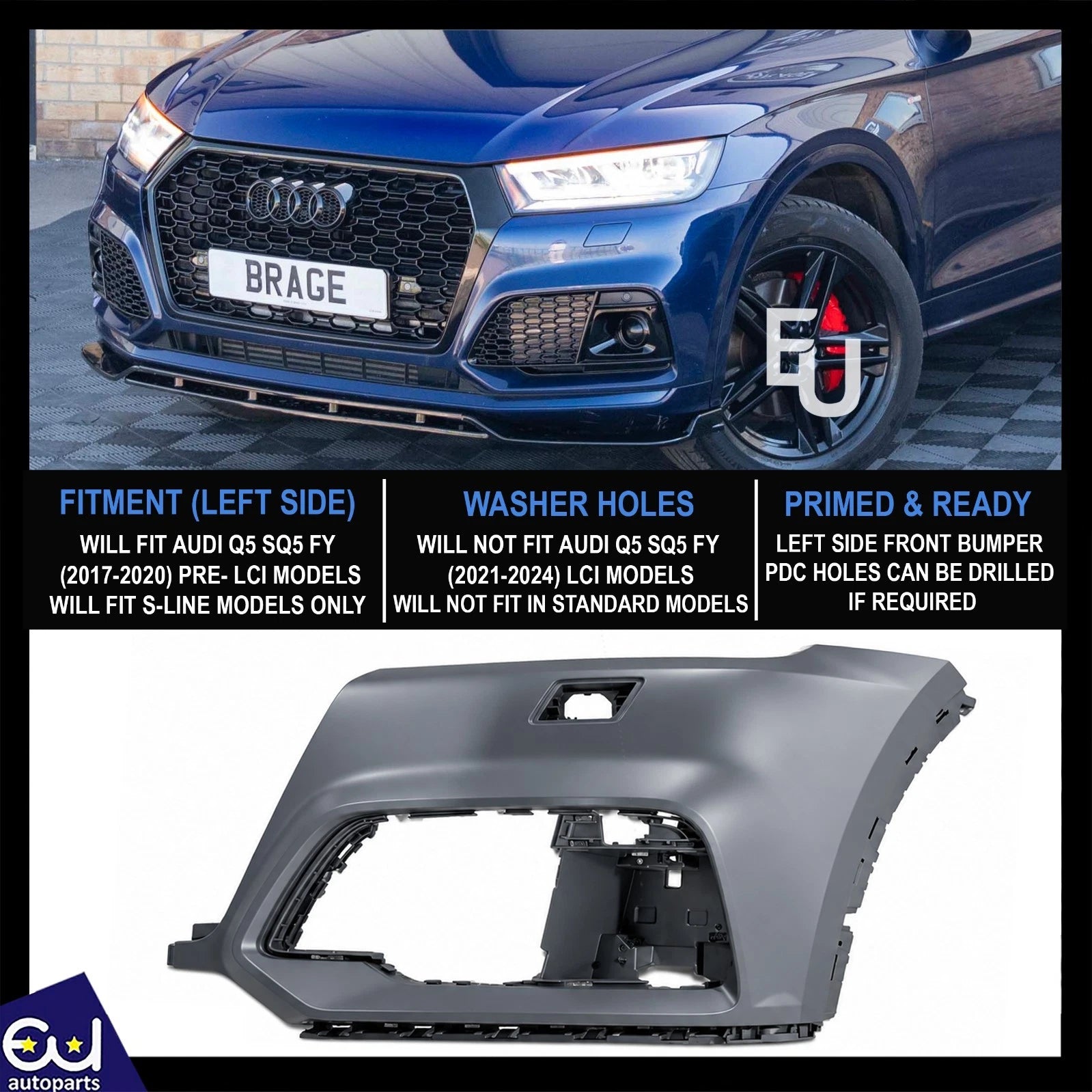 LH LEFT FRONT BUMPER FOR AUDI Q5 SQ5 FY S-LINE 2017-2020 PRIMED WITH WASHER HOLE