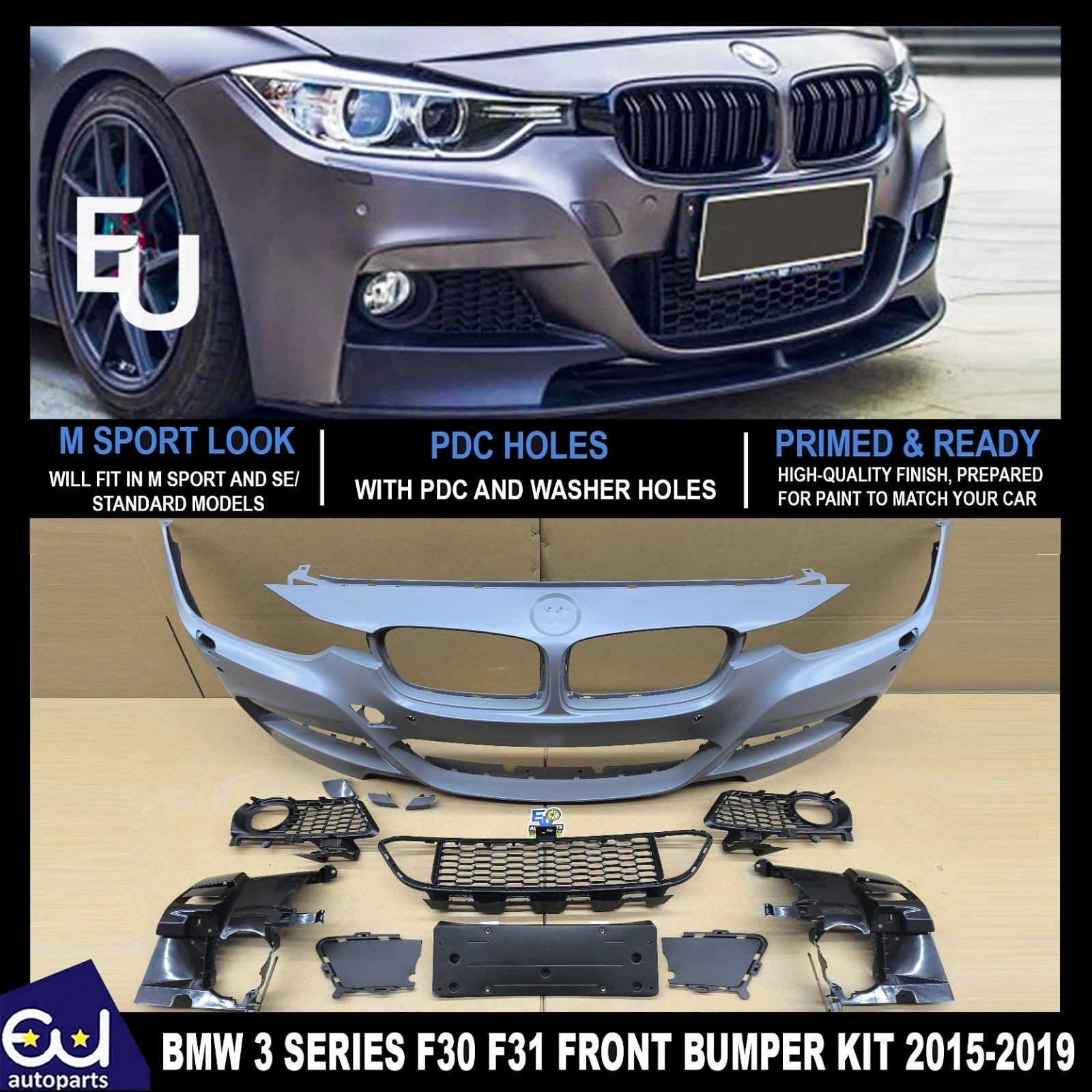FOR BMW 3 SERIES F30 F31 M SPORT LOOK FRONT BUMPER GRILL W/PDC WASHER HOLE 15-19