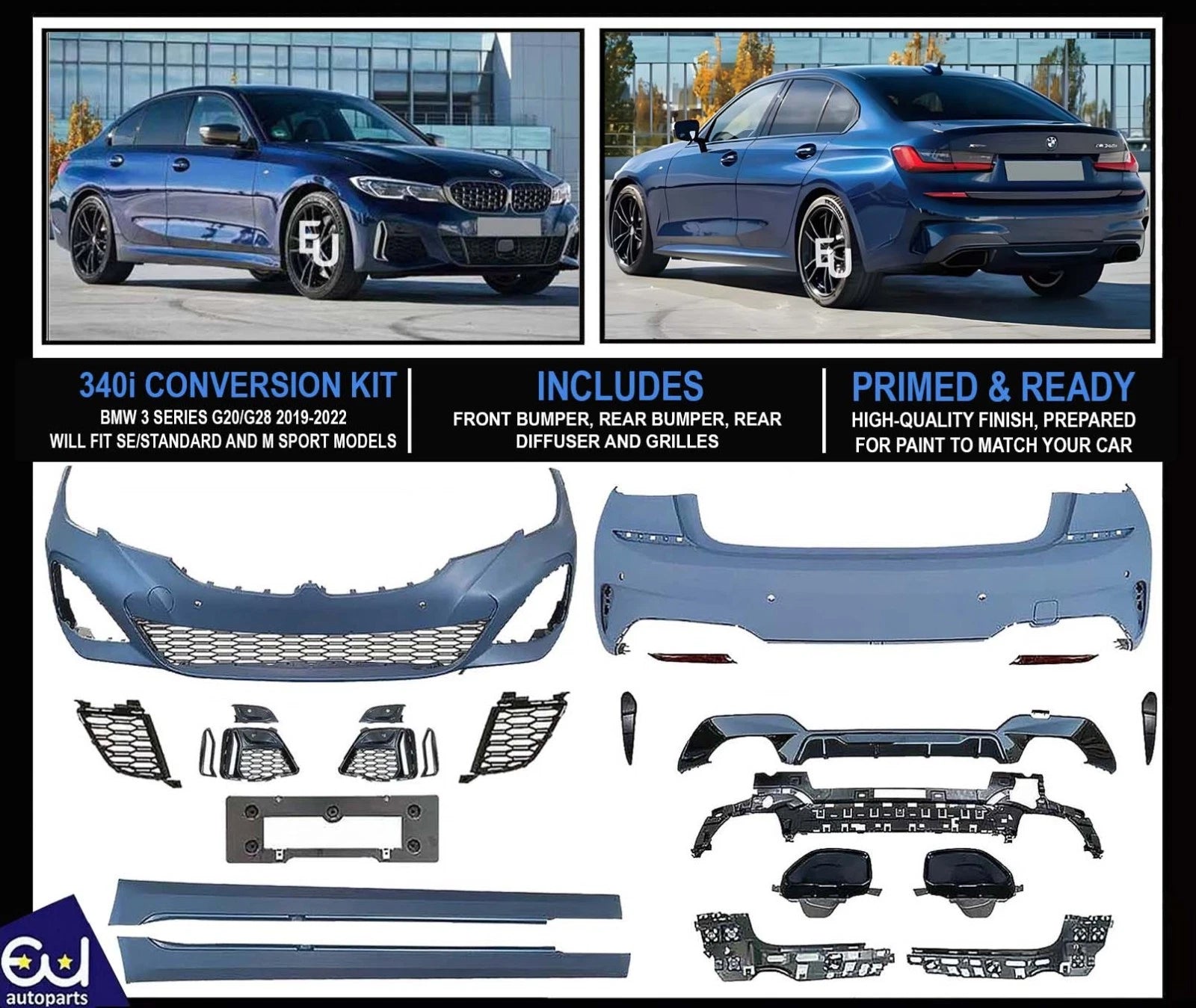 FOR BMW 3 SERIES G20 2019-22 340i CONVERSION FRONT REAR BUMPER BODYKIT WITH PDC