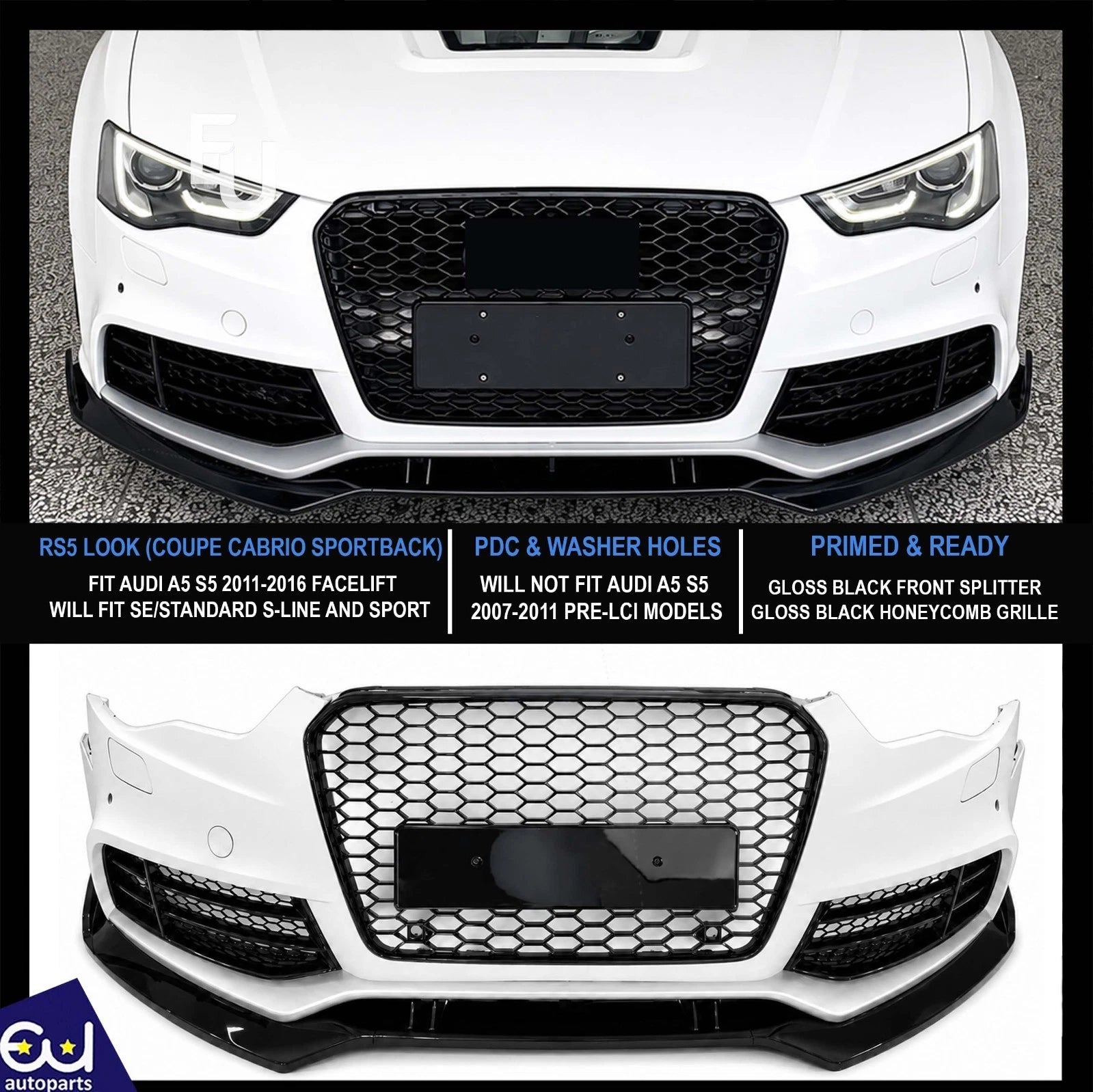 RS5 CONVERSION FRONT BUMPER W/SPLITTER BODYKIT FOR AUDI A5 S5 B8.5 LCI 2011–2016