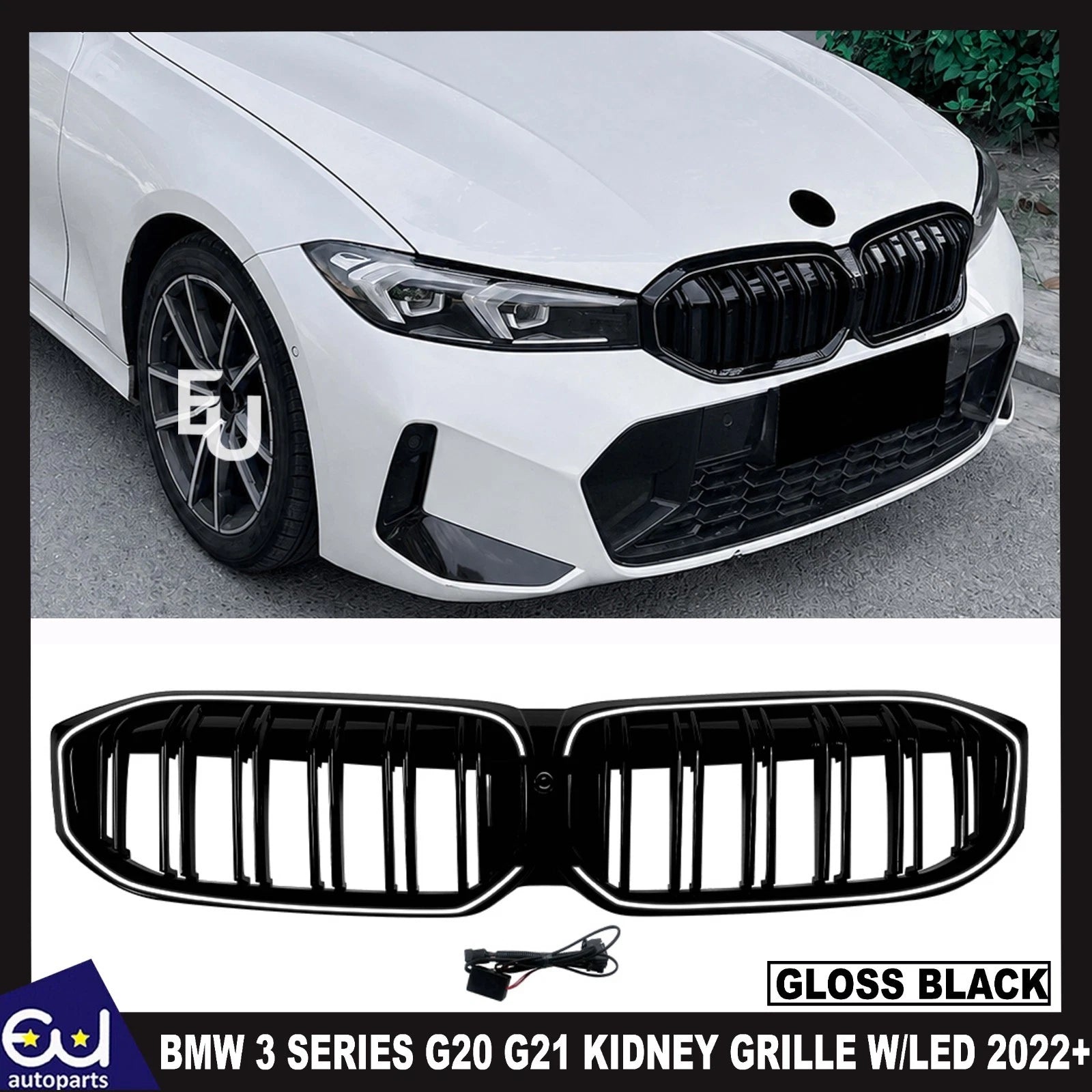 DOUBLE SLAT FOR BMW 3 SERIES G20 G21 LCI LED KIDNEY GRILL GRILLE BLACK 2022+