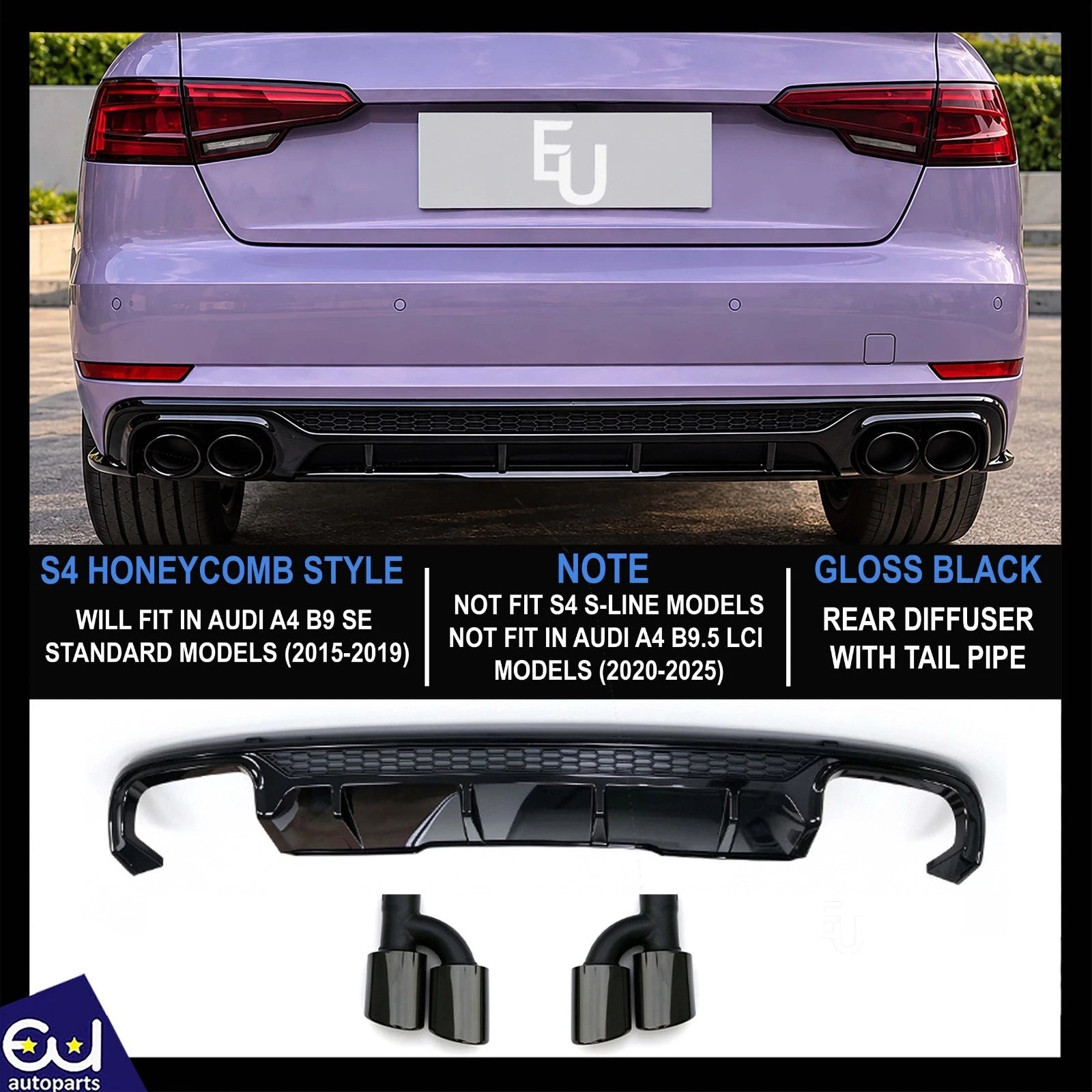 S4 STYLE REAR DIFFUSER W/TAILPIPE FOR AUDI A4 B9 SE STANDARD PRE-LCI 2015-2019