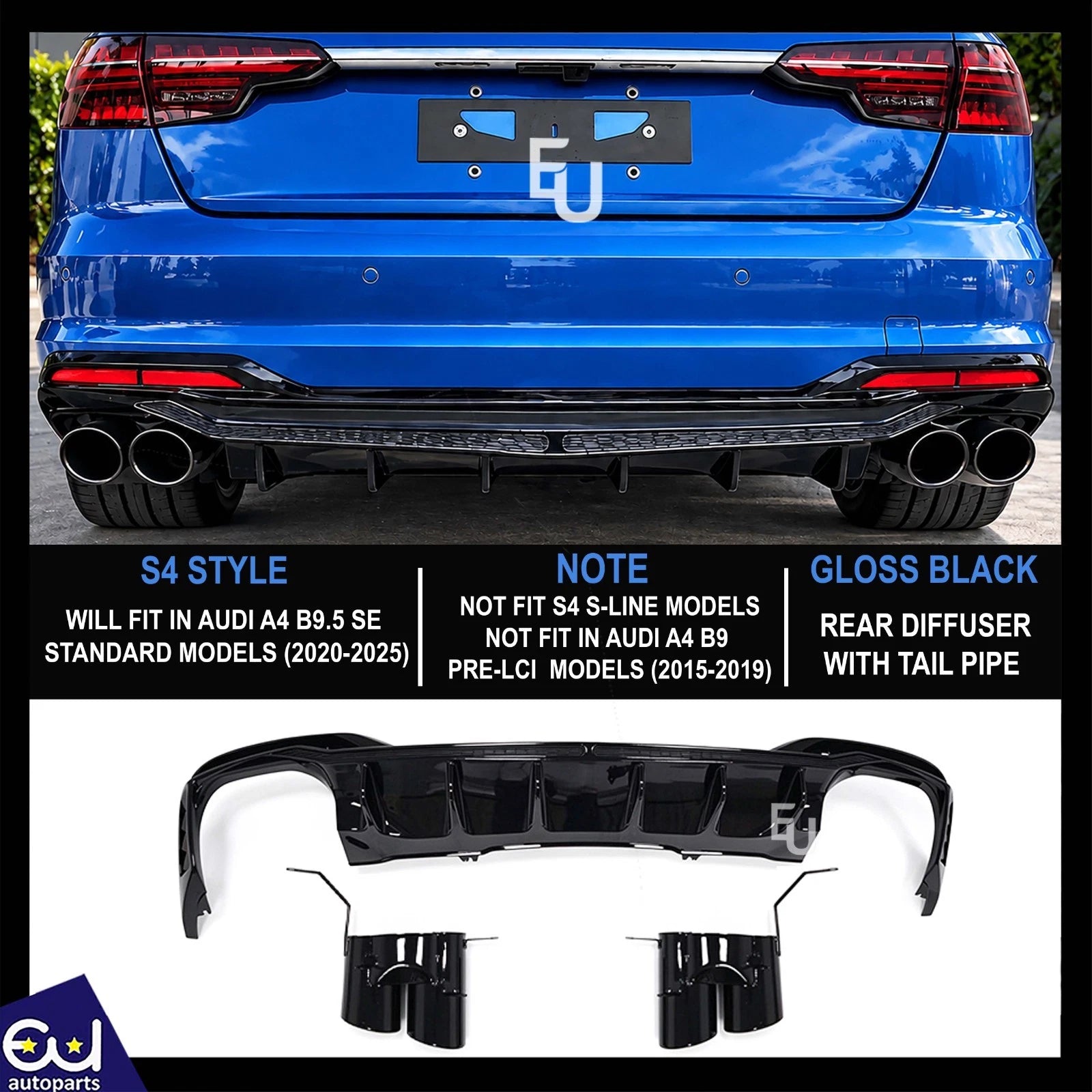 FOR AUDI A4 B9.5 8W S4 LOOK FACELIFT REAR DIFFUSER SE STANDARD TAILPIPES 2020-25