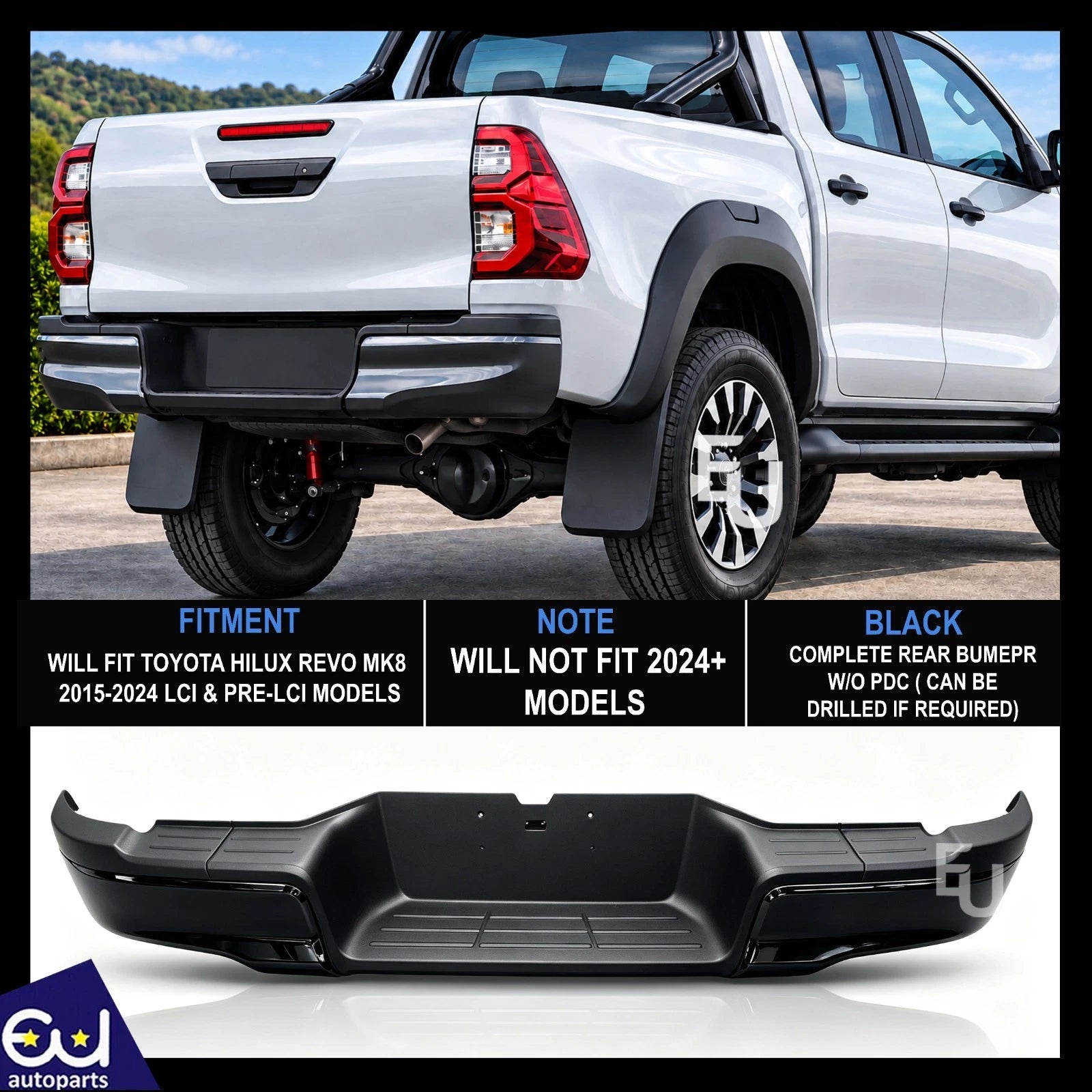 BLACK REAR BUMPER FOR TOYOTA HILUX REVO MK8 2015-2024 MODELS WITHOUT PDC HOLES