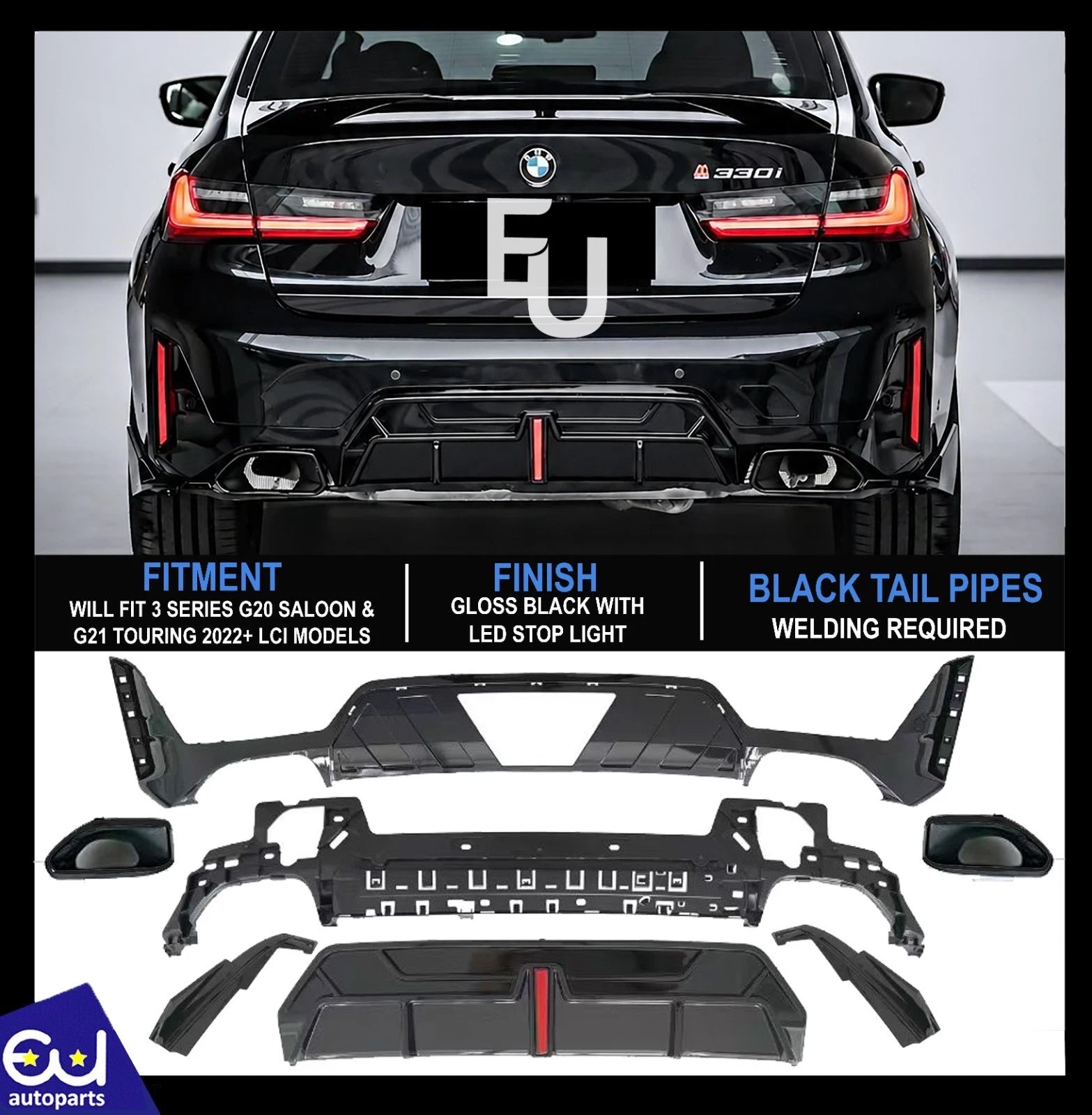 FOR BMW 3 SERIES G20 G21 LCI M SPORT GLOSS REAR DIFFUSER WITH LED TAILPIPE 2022+