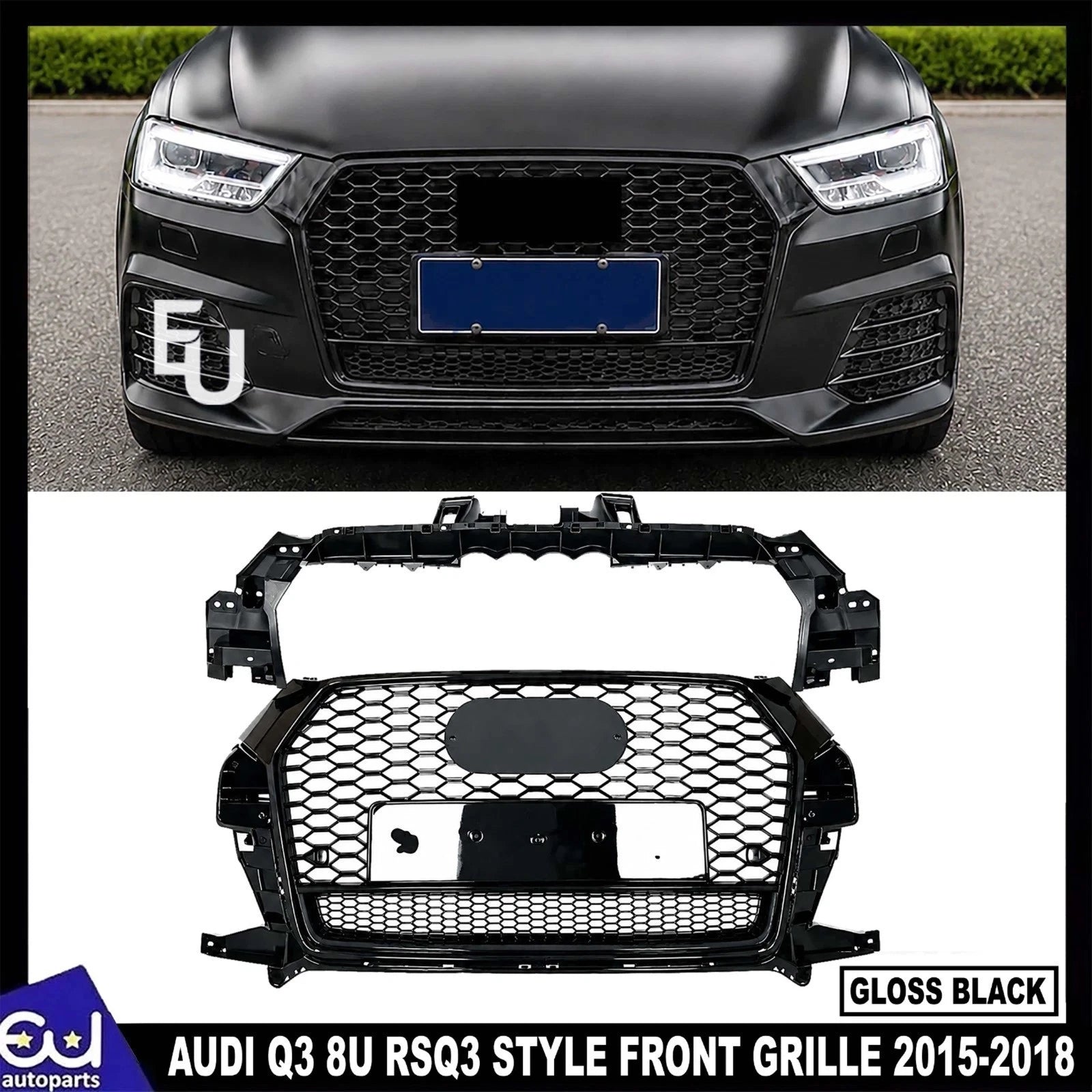 RSQ3 STYLE FRONT HONEYCOMB GRILLE GLOSS BLACK FOR AUDI Q3 8U 2015–2018 ABS