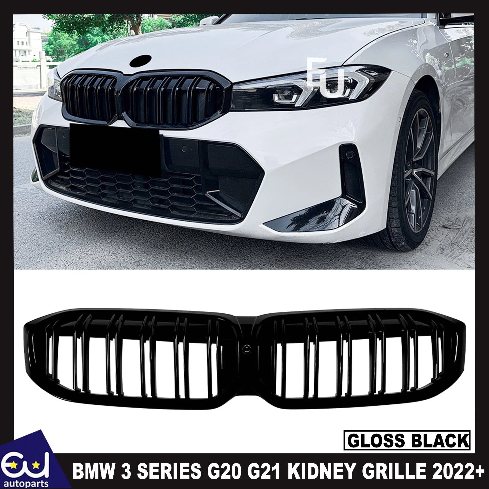 DOUBLE SLAT FOR BMW 3 SERIES G20 G21 LCI KIDNEY GRILL GRILLE GLOSS BLACK 2022+