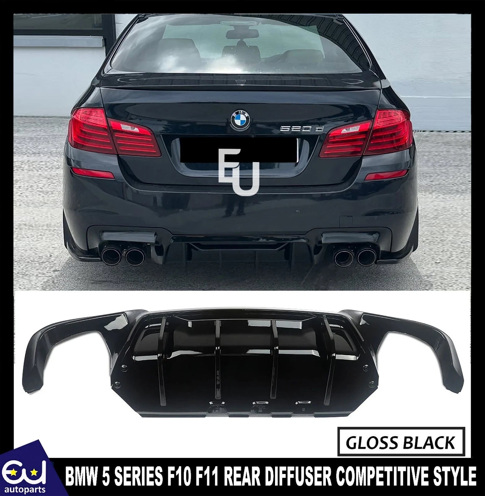 FOR BMW 5 SERIES F10 REAR BUMPER DIFFUSER MSPORT SPLITTER VALANCE GLOSS BLACK