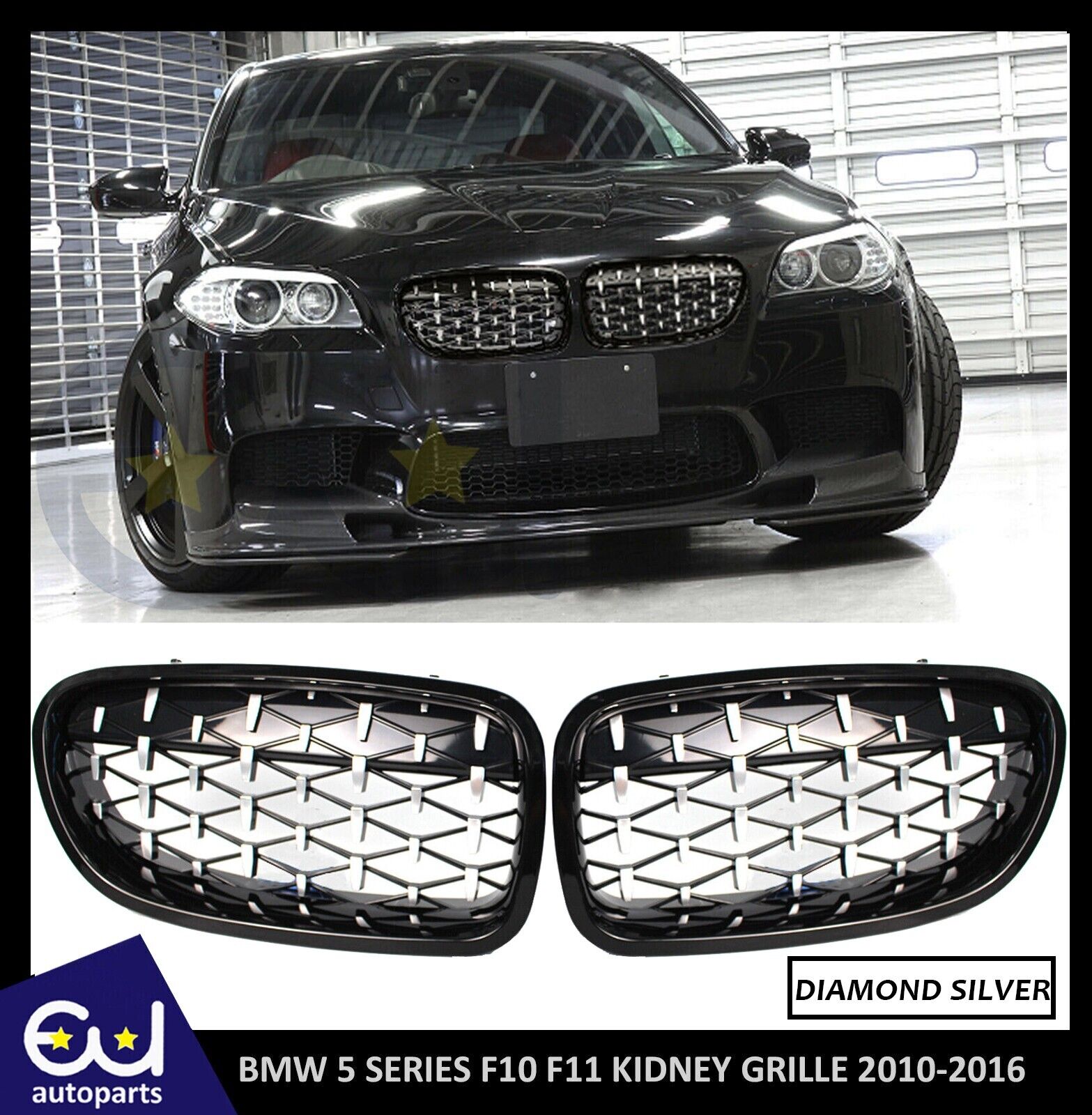 FOR BMW F10 F11 5 SERIES KIDNEY GRILLE GRILL DIAMOND LOOK CHROME SILVER M5 10-16
