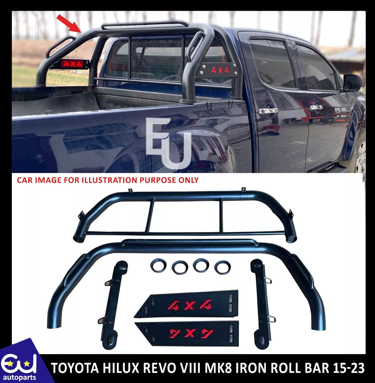 HEAVY DUTY BLACK IRON ROLL BAR FOR TOYOTA HILUX REVO MK8 2015+ DOUBLE CAB PICKUP