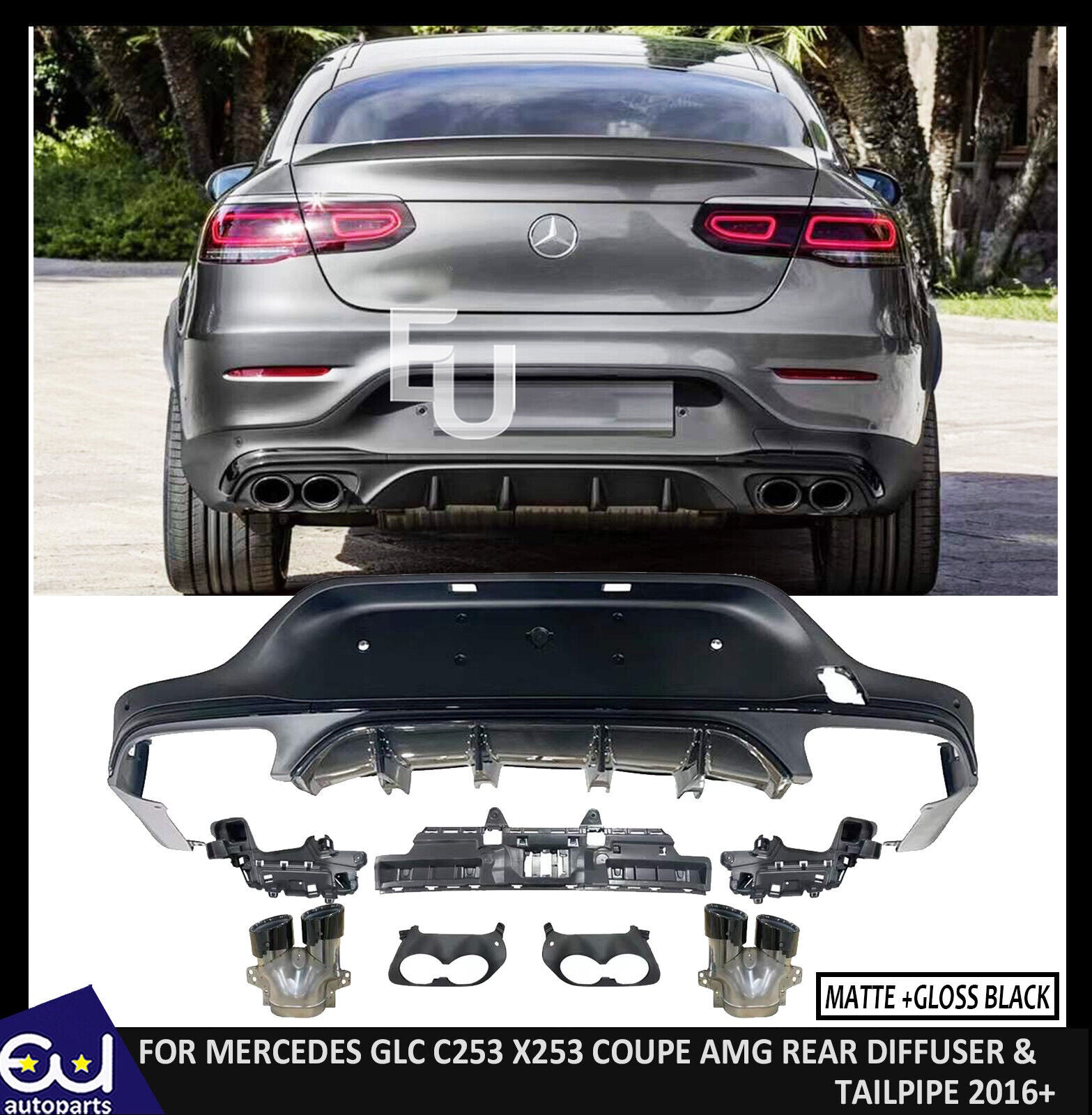REAR DIFFUSER & BLACK PIPES FOR MERCEDES GLC C253 COUPE AMG GLC43 STYLE 2016+