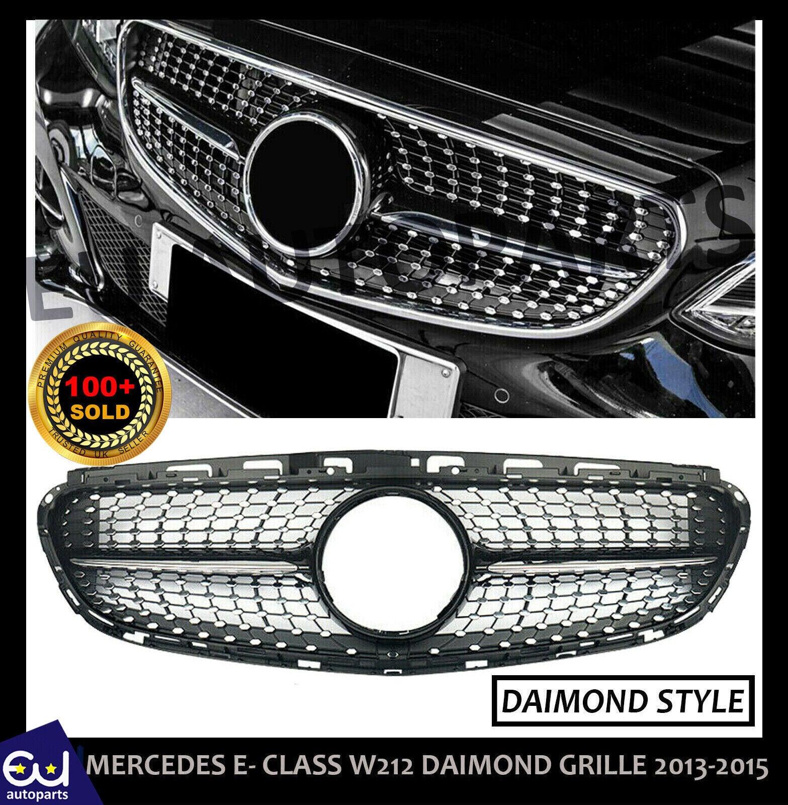 GLOSS BLACK CHROME DIAMOND GRILL GRILLE FOR MERCEDES E CLASS W212 2013-2016 AMG