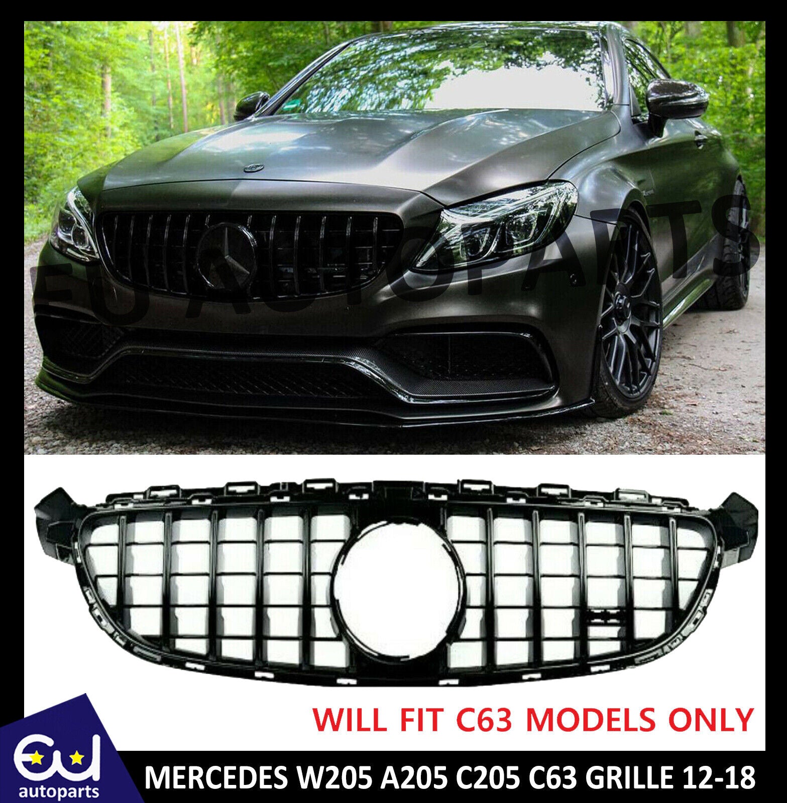 FOR MERCEDES C CLASS C63 W205 AMG FRONT GRILL GRILLE GT FULL BLACK FITS C63 ONLY