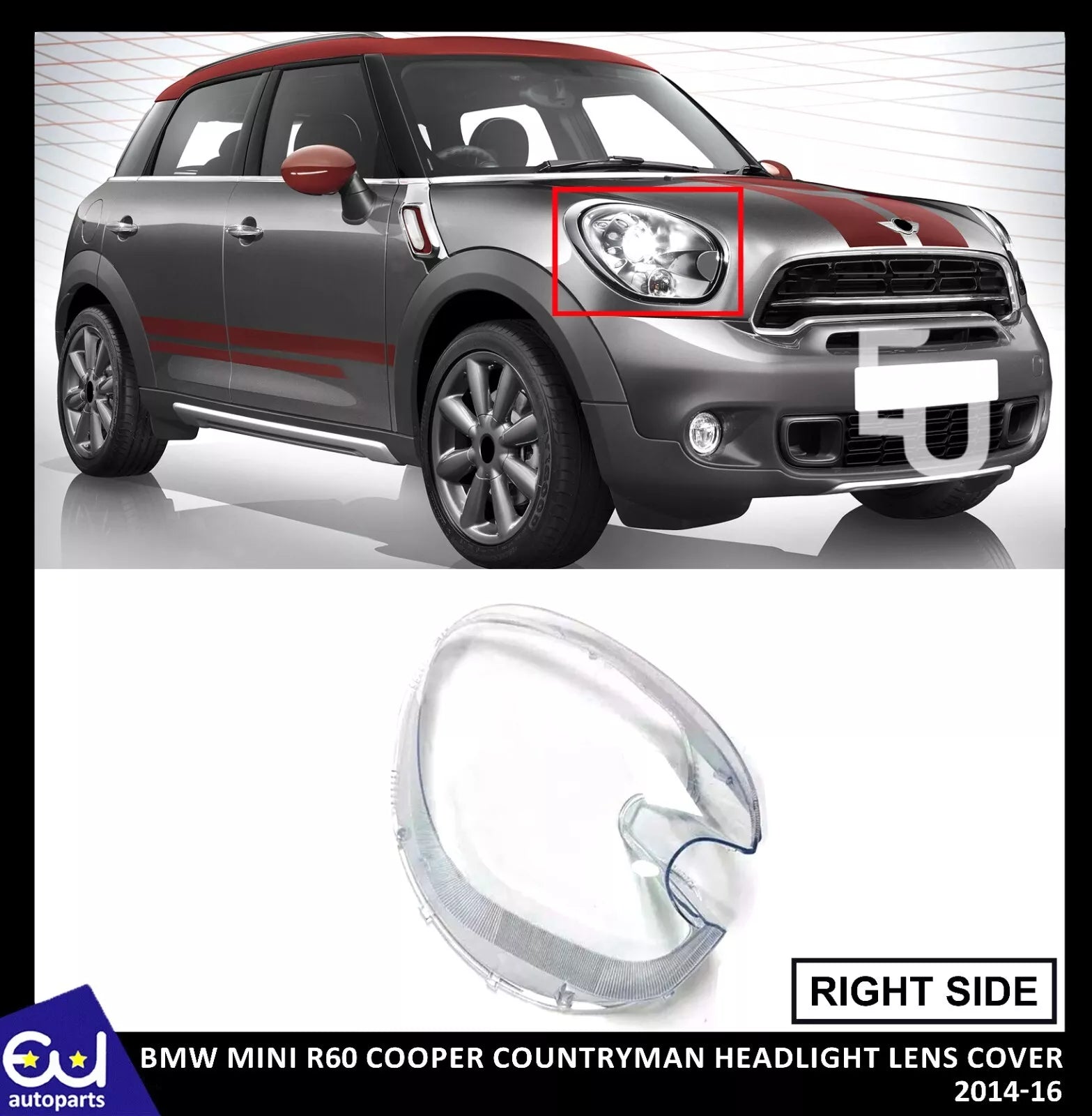 FOR BMW MINI R60 COOPER COUNTRYMAN RIGHT SIDE HEADLIGHT LENS CLEAR COVER 2014-16