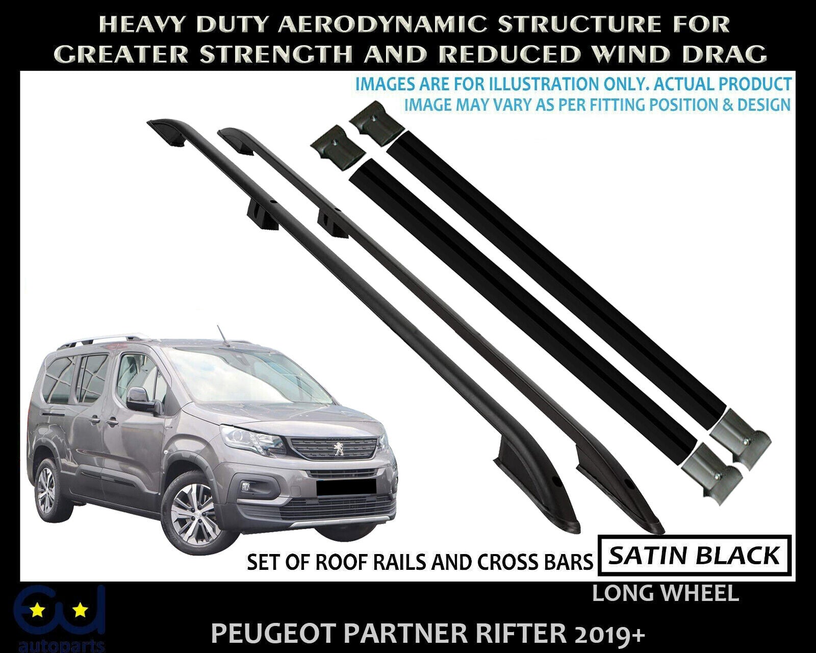 FOR PEUGEOT RIFTER LWB ROOF RACK RAILS CROSS BARS SET BLACK 2019-ONWARDS