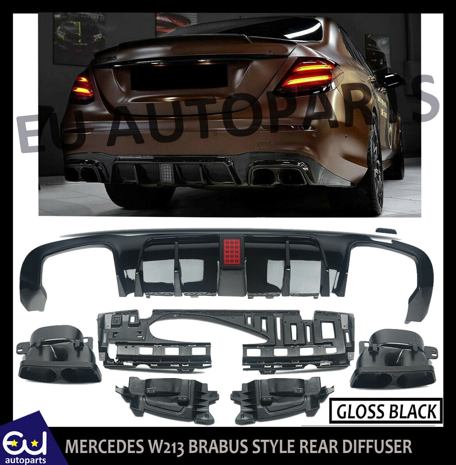 FOR MERCEDES BENZ E CLASS W213 BRABUS LOOK GLOSS BLK REAR DIFFUSER AND