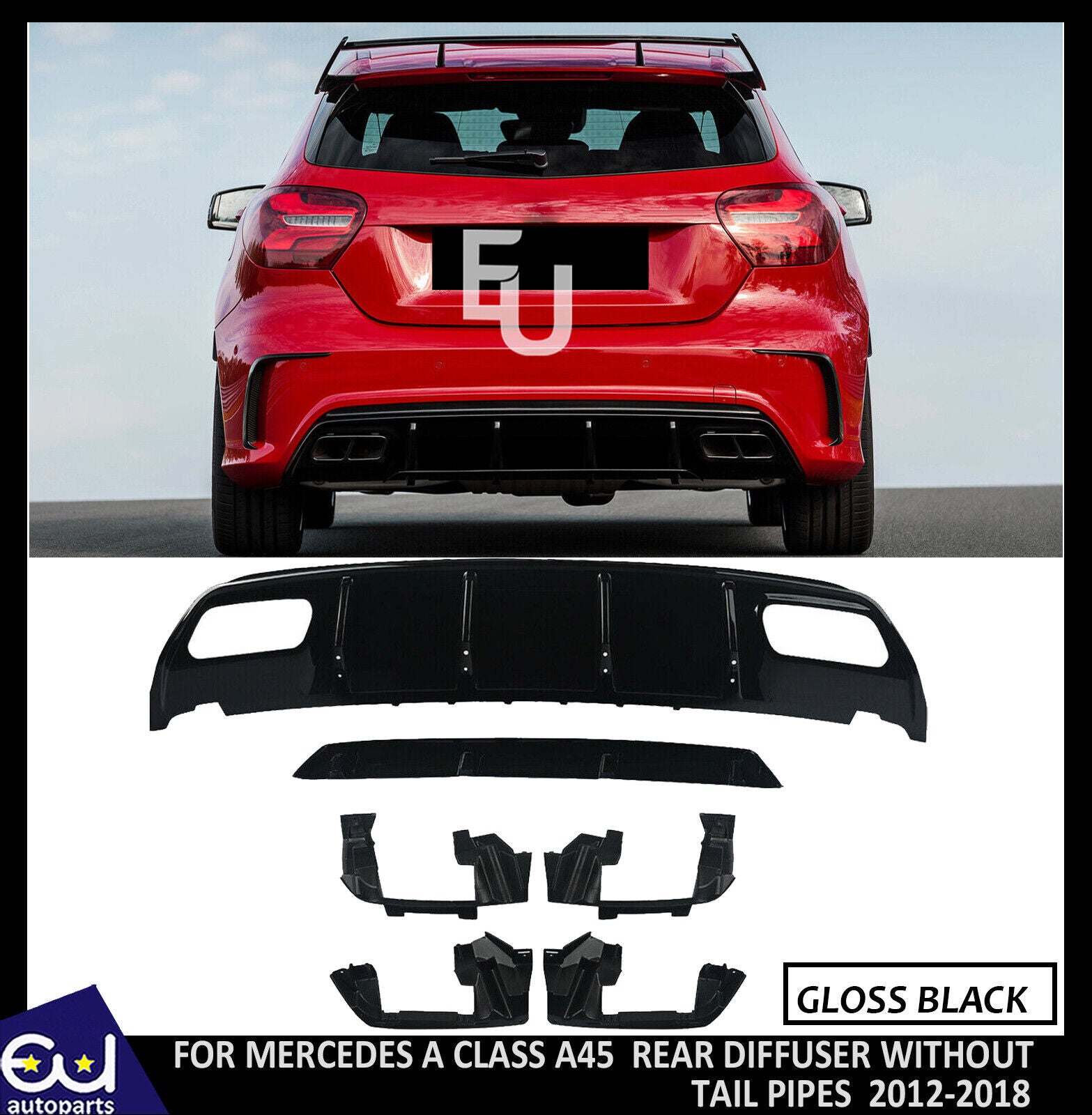 FOR MERCEDES A CLASS W176 AMG A45 LOOK REAR DIFFUSER SPLITTER GLOSS BLACK 12-18