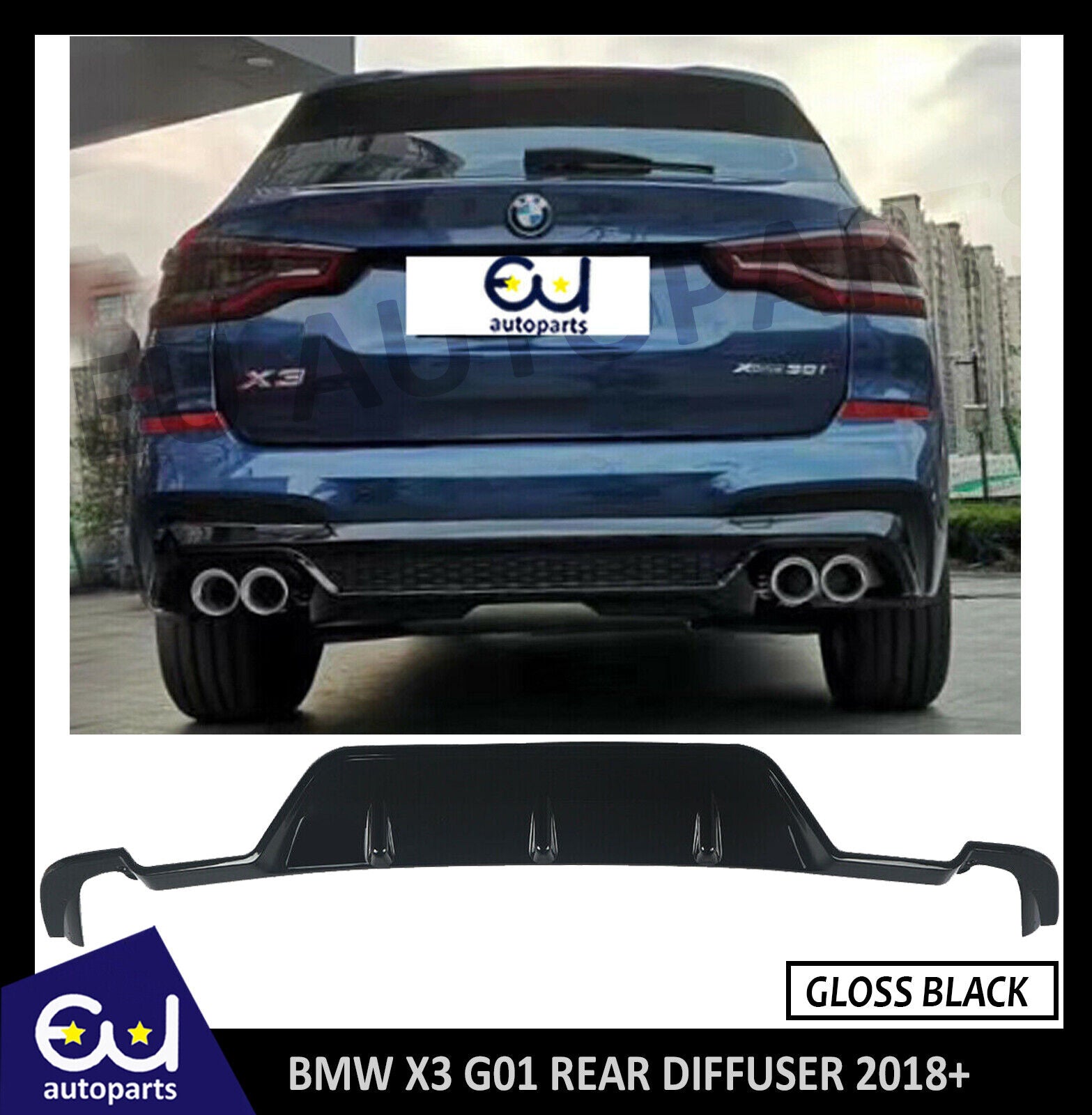 FOR BMW X3 G01 M SPORT 2018+ GLOSS BLACK REAR BUMPER DIFFUSER LIP