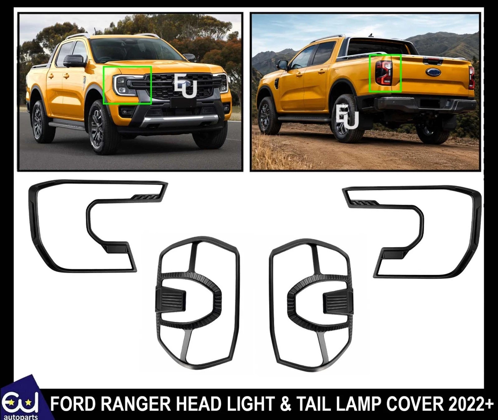 FOR FORD RANGER 2023+ MATTE BLACK HEAD LIGHT + TAIL LAMP COVER GUARDS PROTECTION