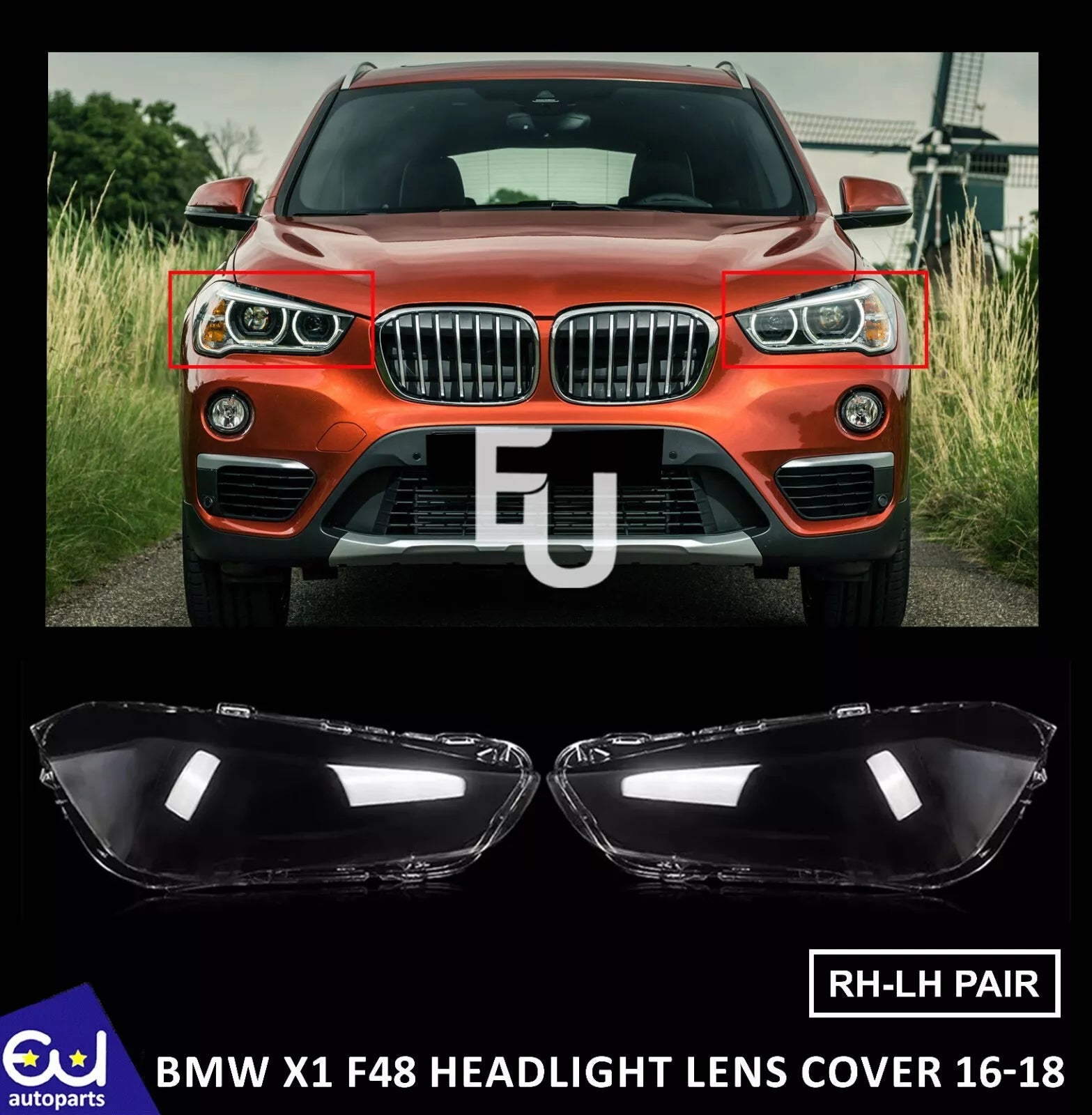 PAIR L+R SIDE FRONT HEADLIGHT LENS COVERS REPLACEMENT FOR BMW X1 F48 2016-2018