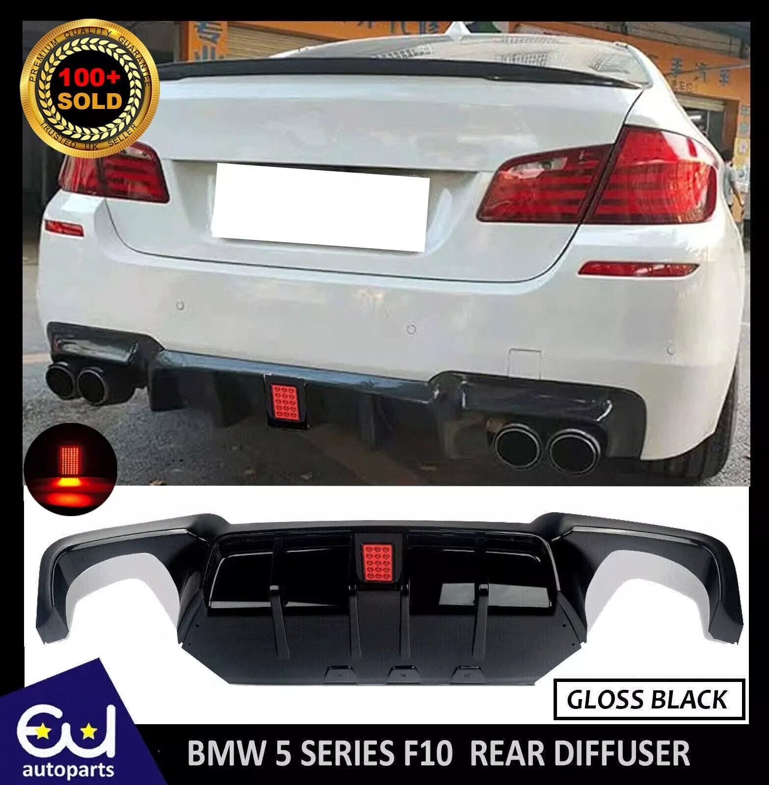 FOR BMW F10 F11 5 SERIES REAR DIFFUSER BUMPER VALANCE WITH LED M-SPORT GLOSS BLK
