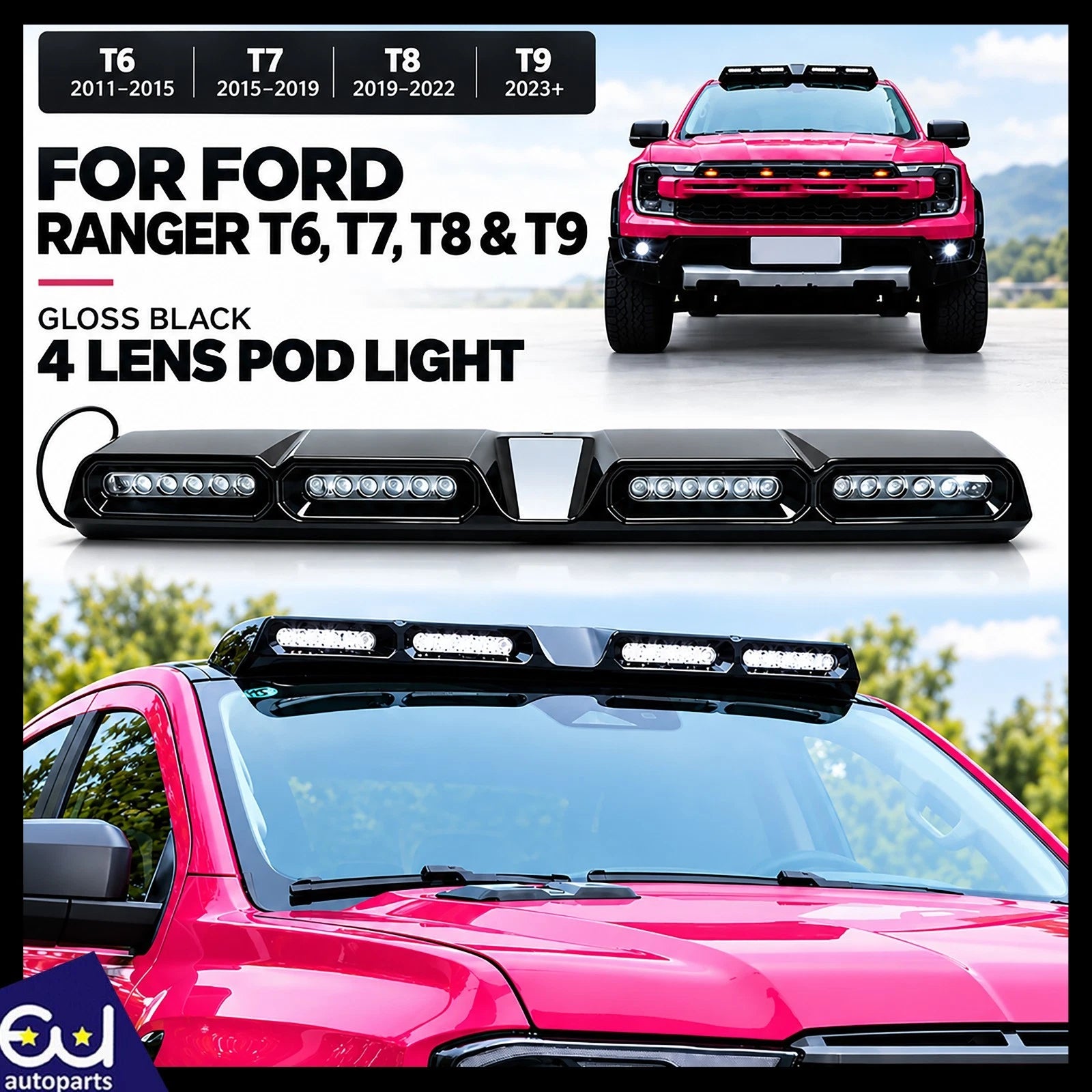 GLOSS BLACK POD QUAD LED MOUNTED ROOF LIGHT FOR FORD RANGER T6 T7 T8 T9 2011+