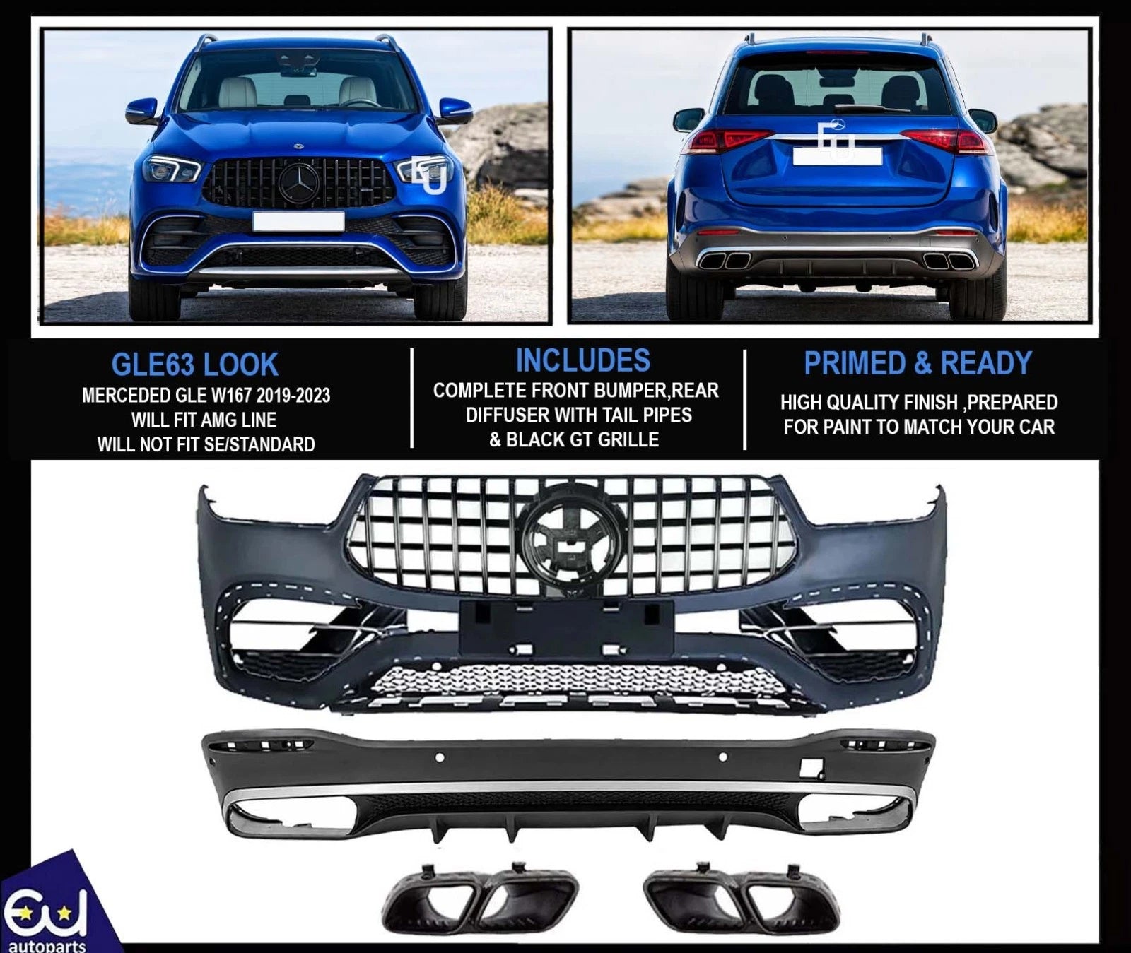 GLE63 CONVERSION FRONT BUMPER BODYKIT REAR DIFFUSER FOR MERCEDES GLE W167 19-23