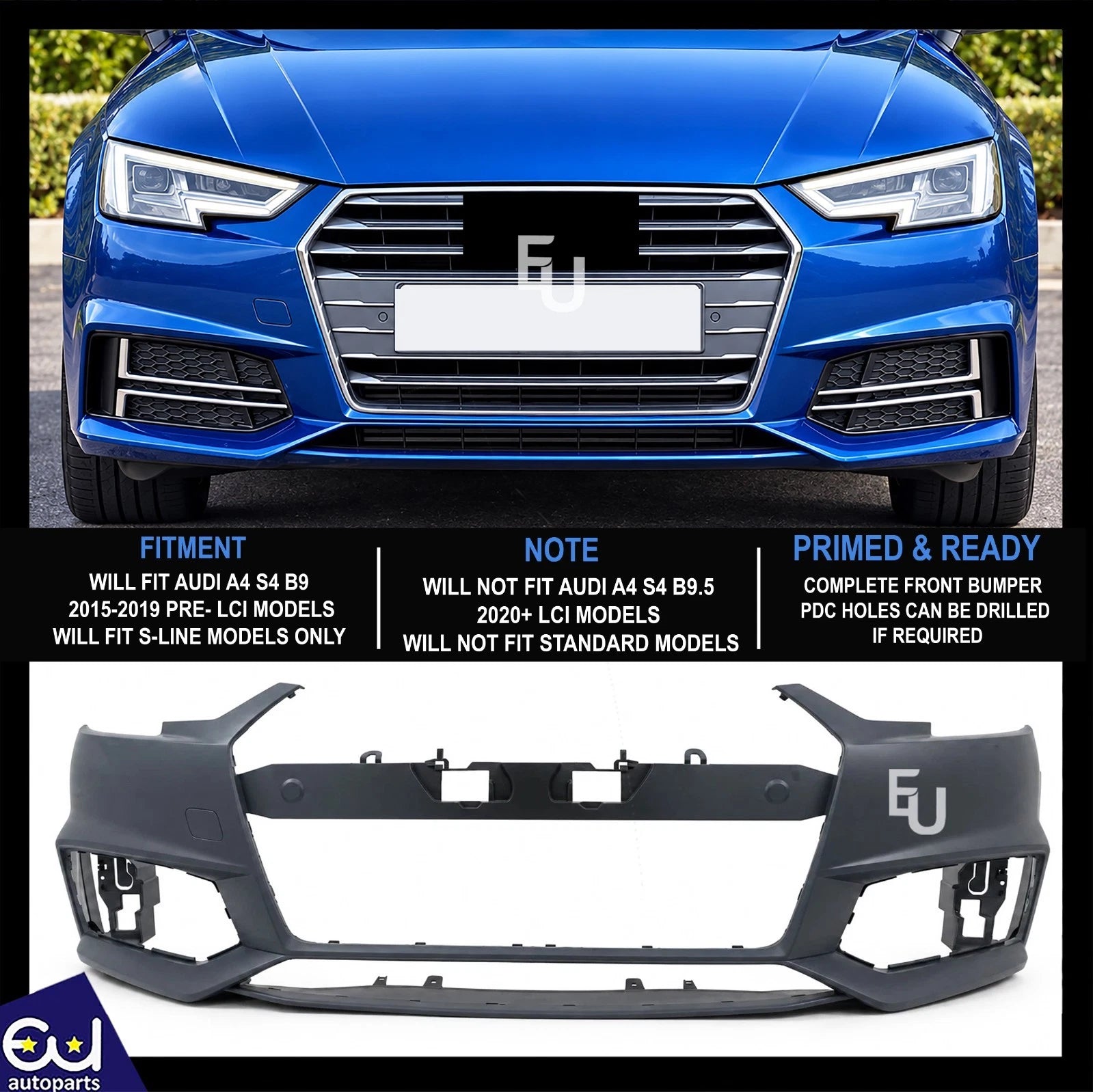 FOR AUDI A4 S4 B9 S LINE 2015-2019 OEM FRONT BUMPER PRIMED 8W0807065FGRU