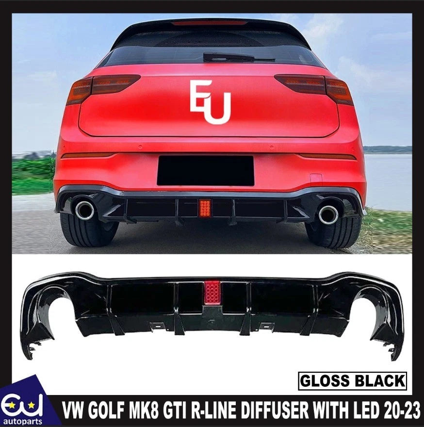 FOR VW GOLF MK8 GTI R-LINE REAR DIFFUSER WITH LED BRAKE LIGHT GLOSS BLACK 20-23
