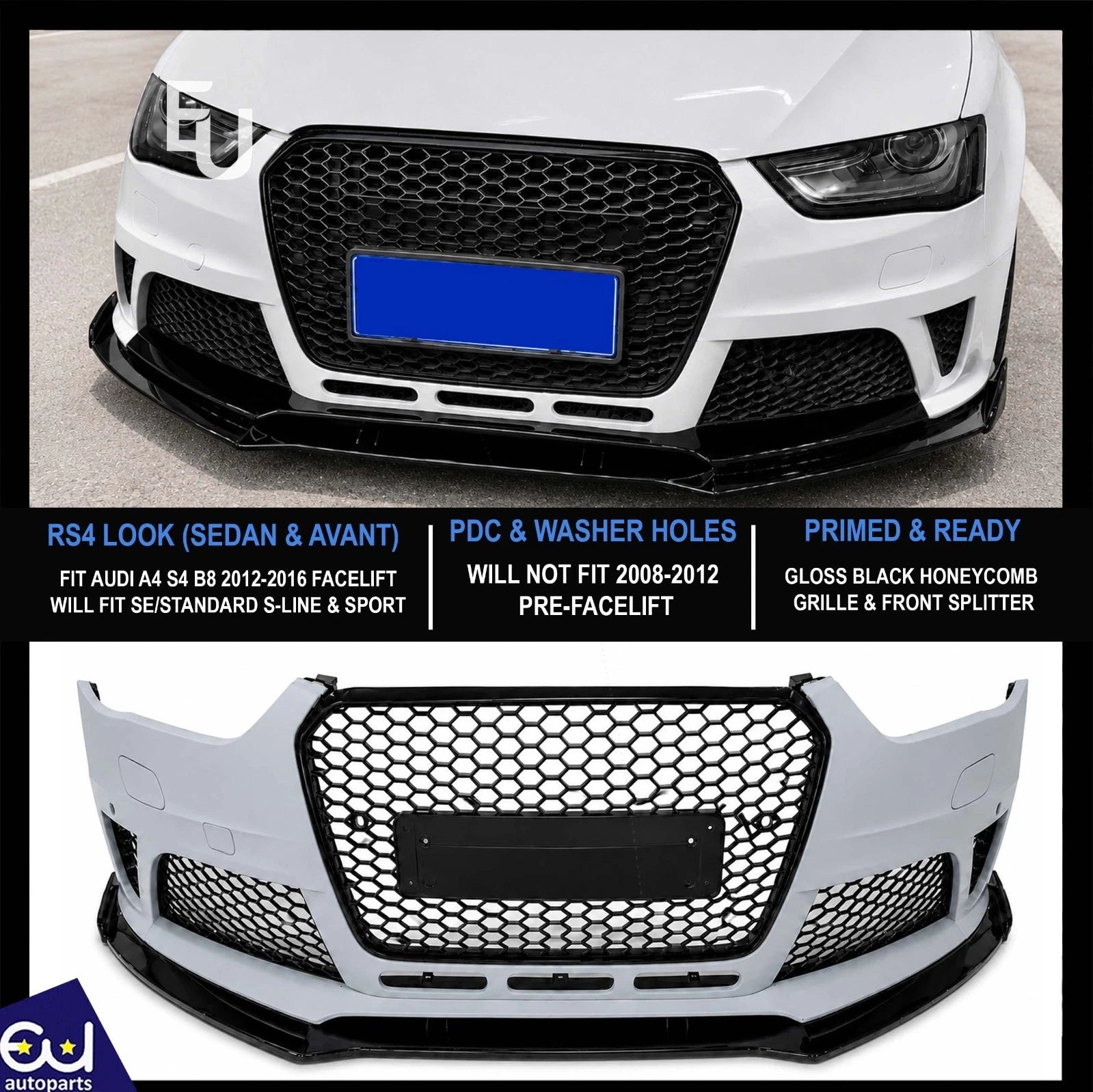 RS4 CONVERSION FRONT BUMPER BODYKIT WITH SPLITTER FOR AUDI A4 S4 B8 2012-16 LCI