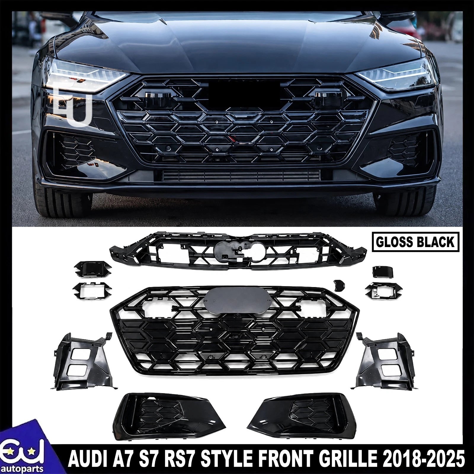 RS7 STYLE FRONT BUMPER HONEYCOMB GRILLE FOG LIGHT FRAME SET FOR AUDI A7 S7 18-25