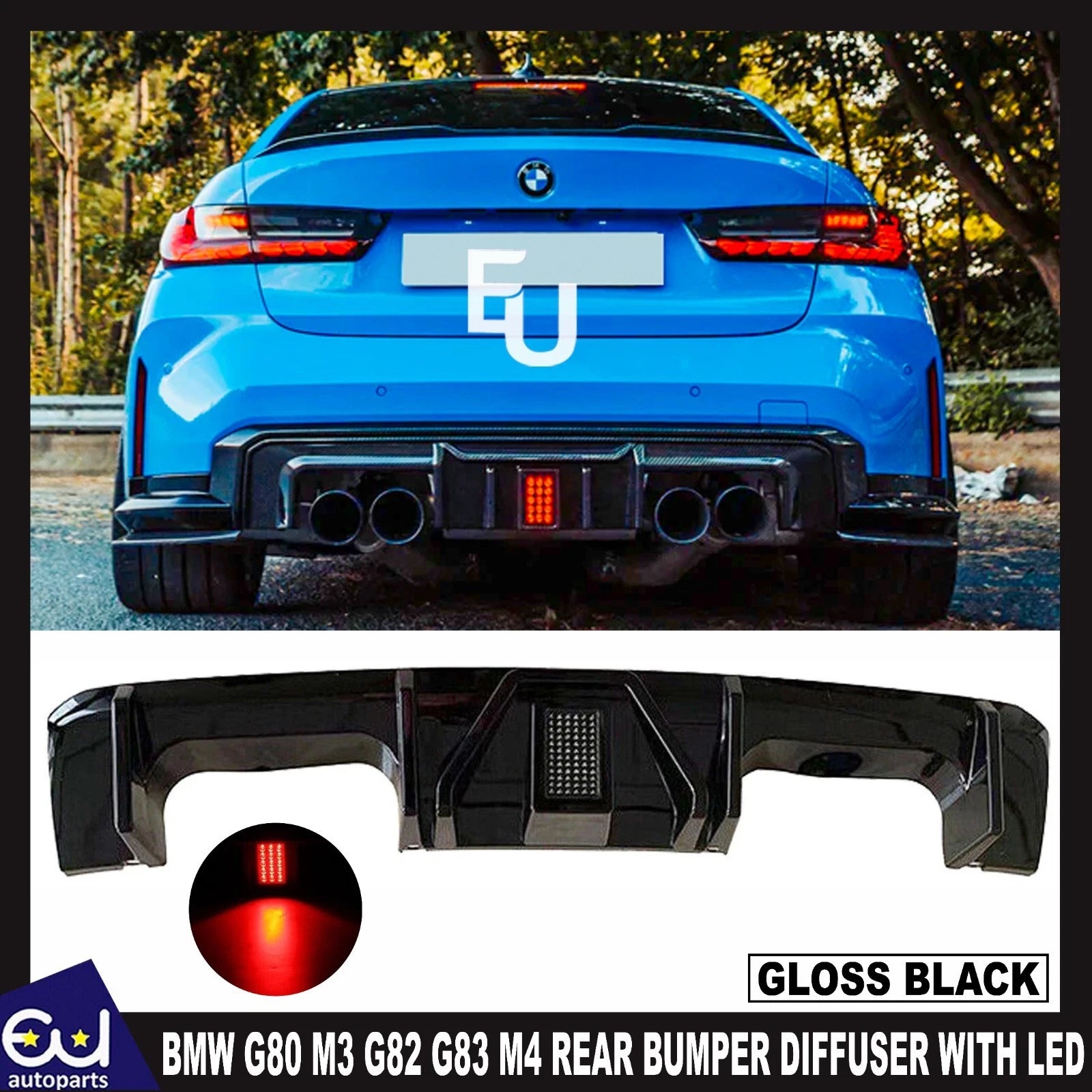FOR BMW G80 M3 G82 G83 M4 REAR BUMPER DIFFUSER LIP GLOSS BLACK W/LED LIGHT 21-23