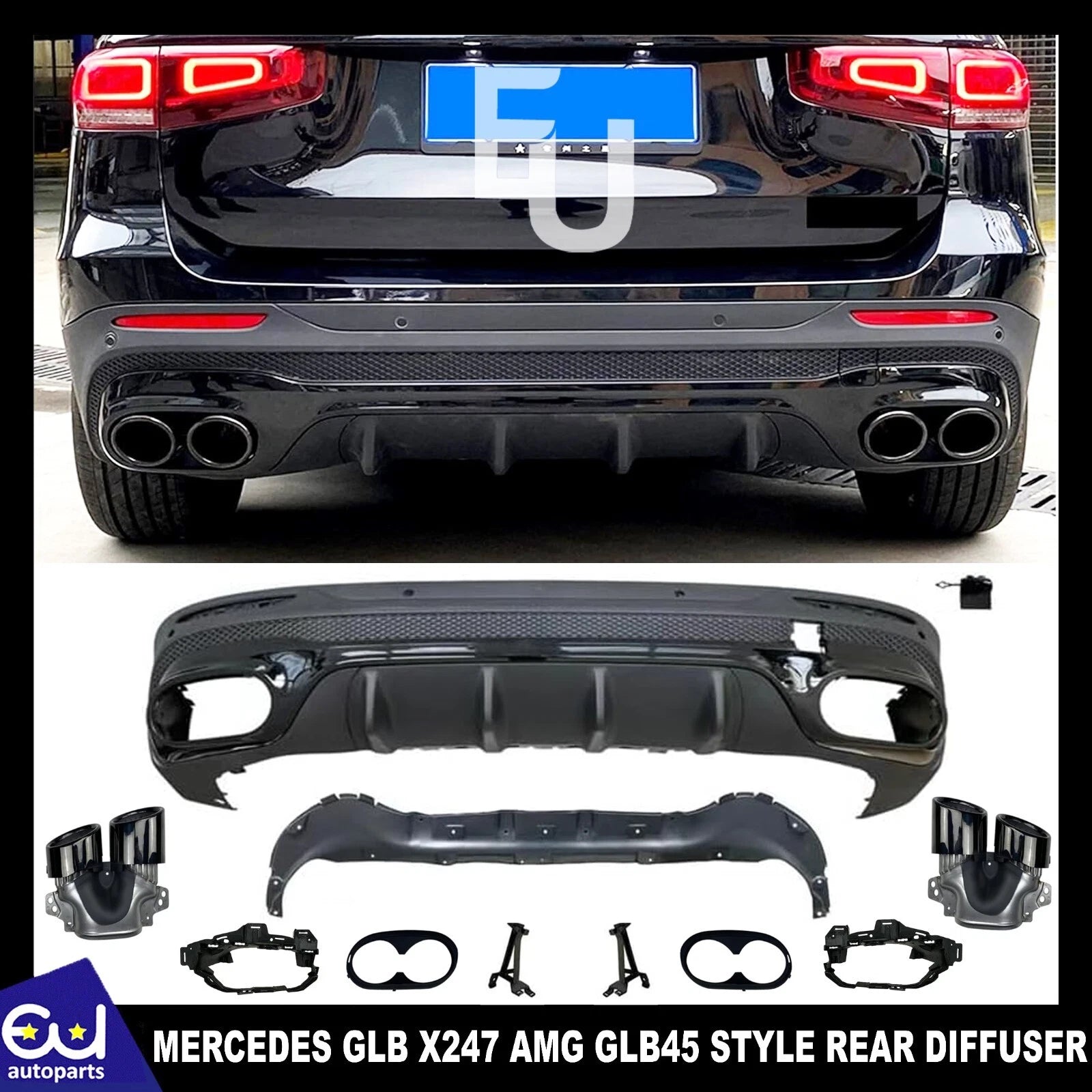 FOR MERCEDES GLB X247 AMG GLB45 STYLE REAR DIFFUSER VALANCE & BLK TAILPIPES 19+